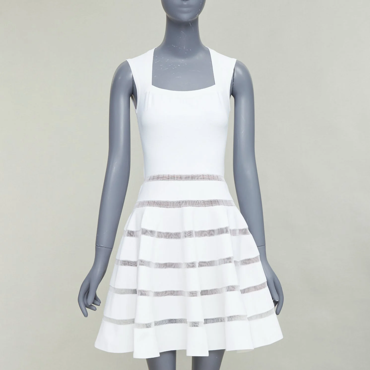 Women's ALAIA ivory viscose blend square neck sheer lattice knit fit flare dress FR36 S - Image 10