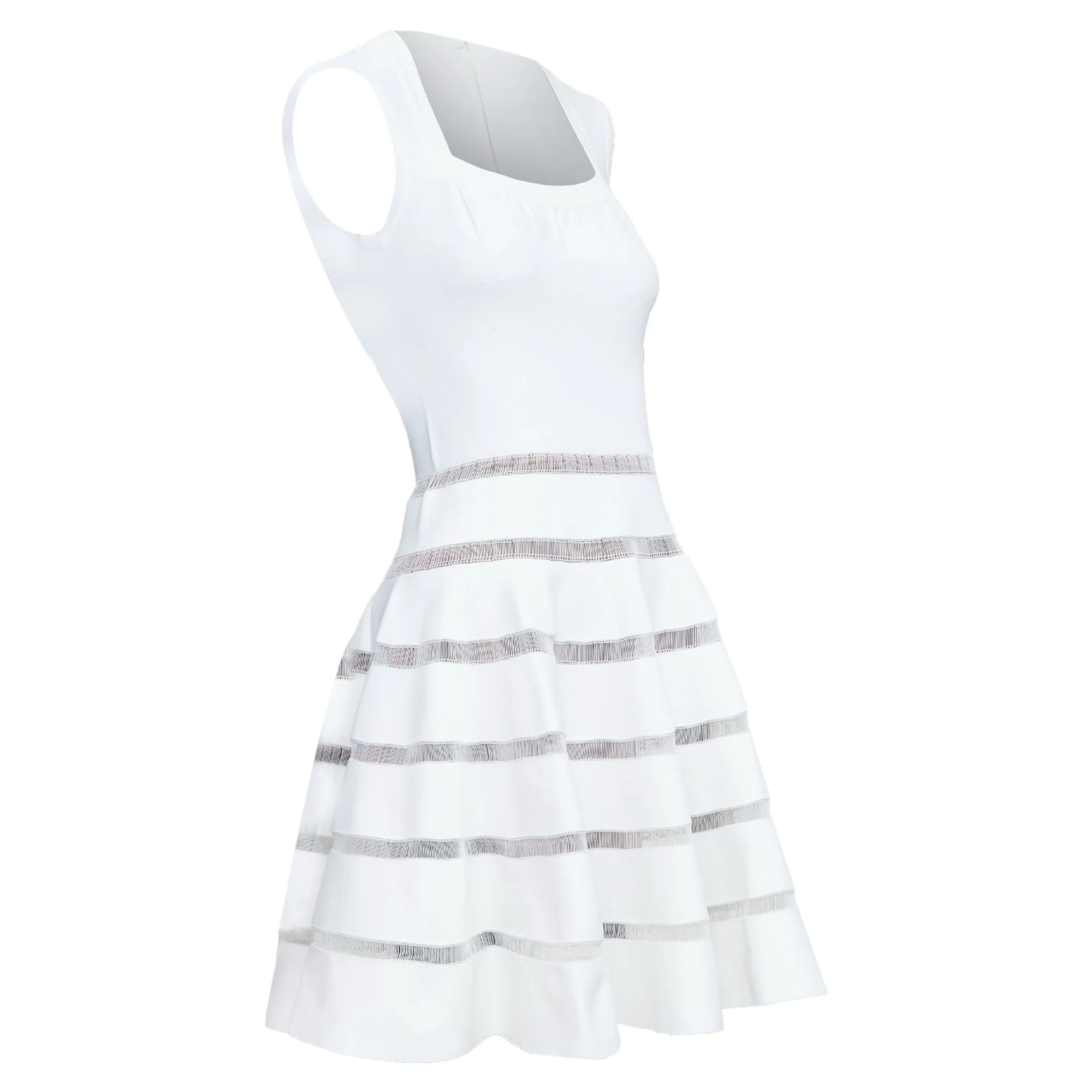 Women's ALAIA ivory viscose blend square neck sheer lattice knit fit flare dress FR36 S - Image 3