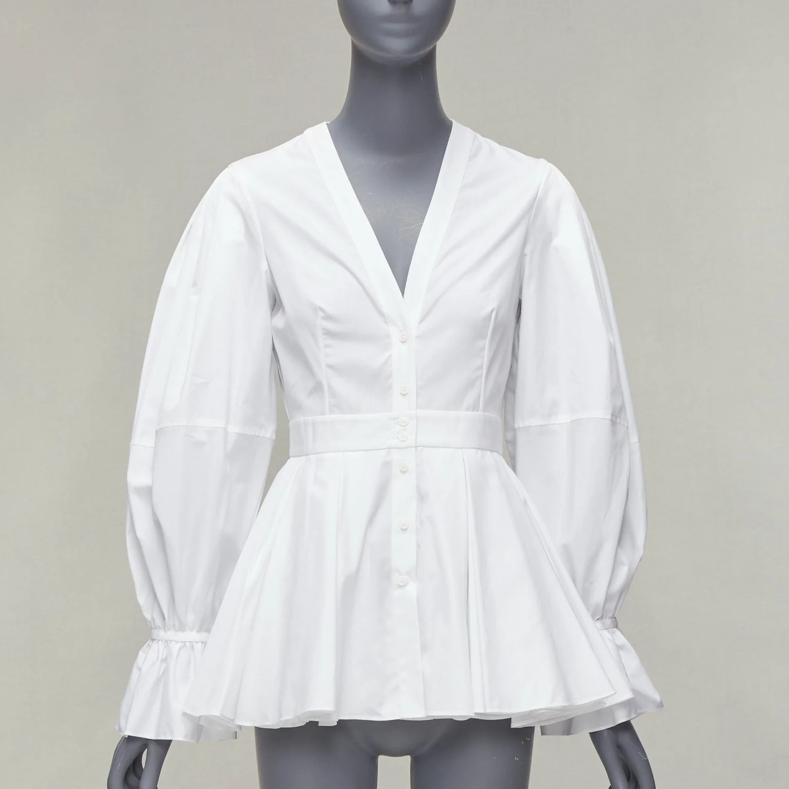 Women's Alexander Mcqueen Cotton V-Neck Balloon Sleeve Peplum Dress Shirt - Image 7