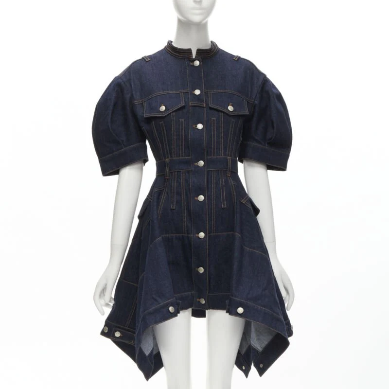 Women's Alexander McQueen indigo denim corset rounded sleeve dress - Image 7