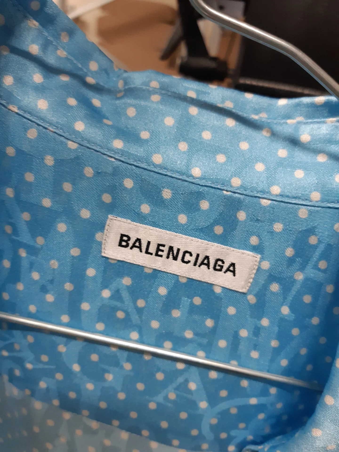 Women's Balenciaga 2019 Tonal Logo Button-Up Blouse in Light Blue Silk - Image 9