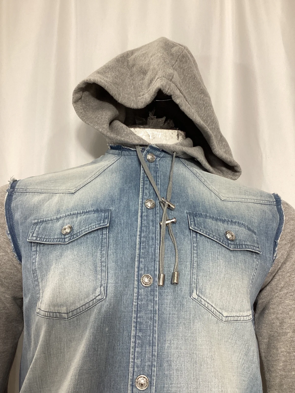 Men's Balmain Hooded Jacket in Blue Denim and Grey Cotton - Image 8