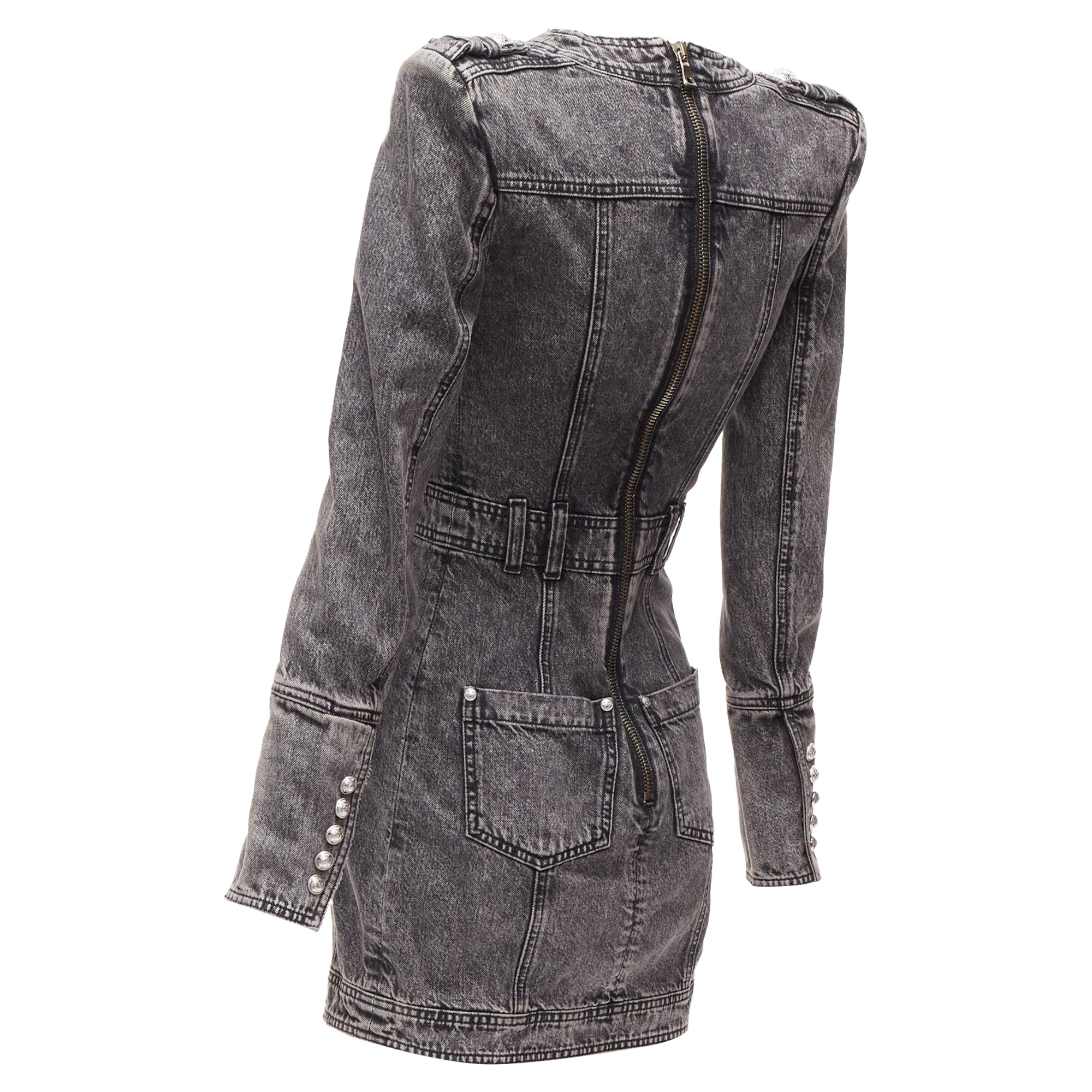 Women's Balmain acid washed denim button embellished wrapped mini dress - Image 6