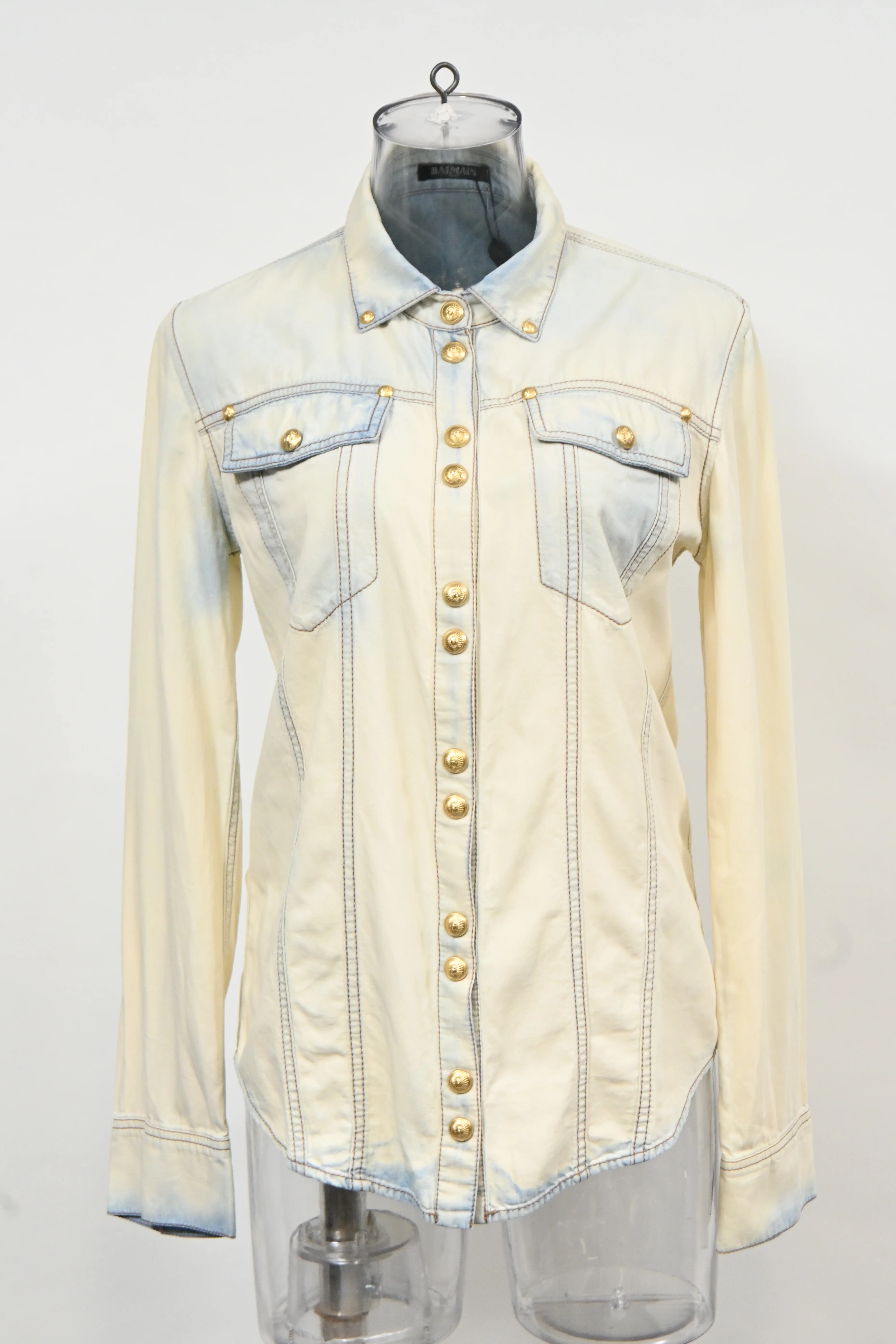 Women's Balmain Bleached Denim Shirt in Light Blue Cotton - Image 6