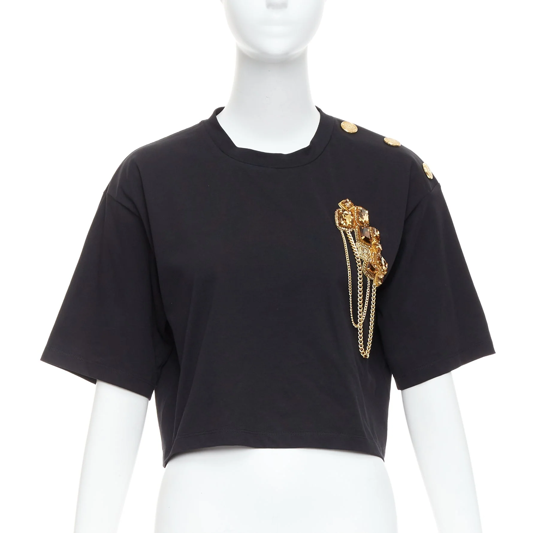 Women's Balmain buttons chain embellished brooch cotton crop tshirt - Image 7