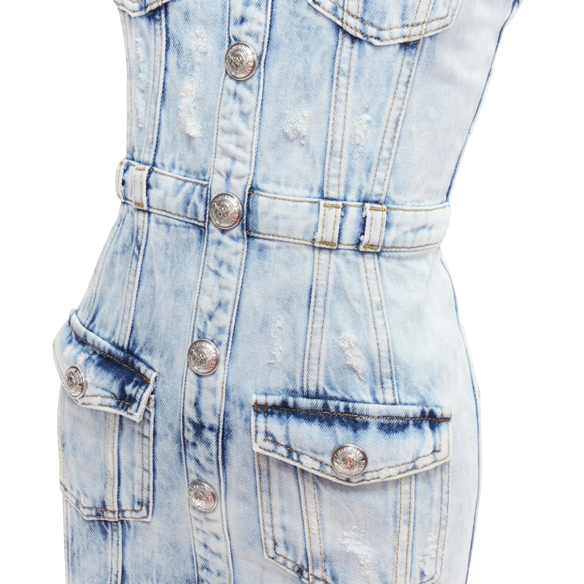 Women's Balmain Distressed Denim Silver Buttons 4 Pocket Fitted Dress - Image 2