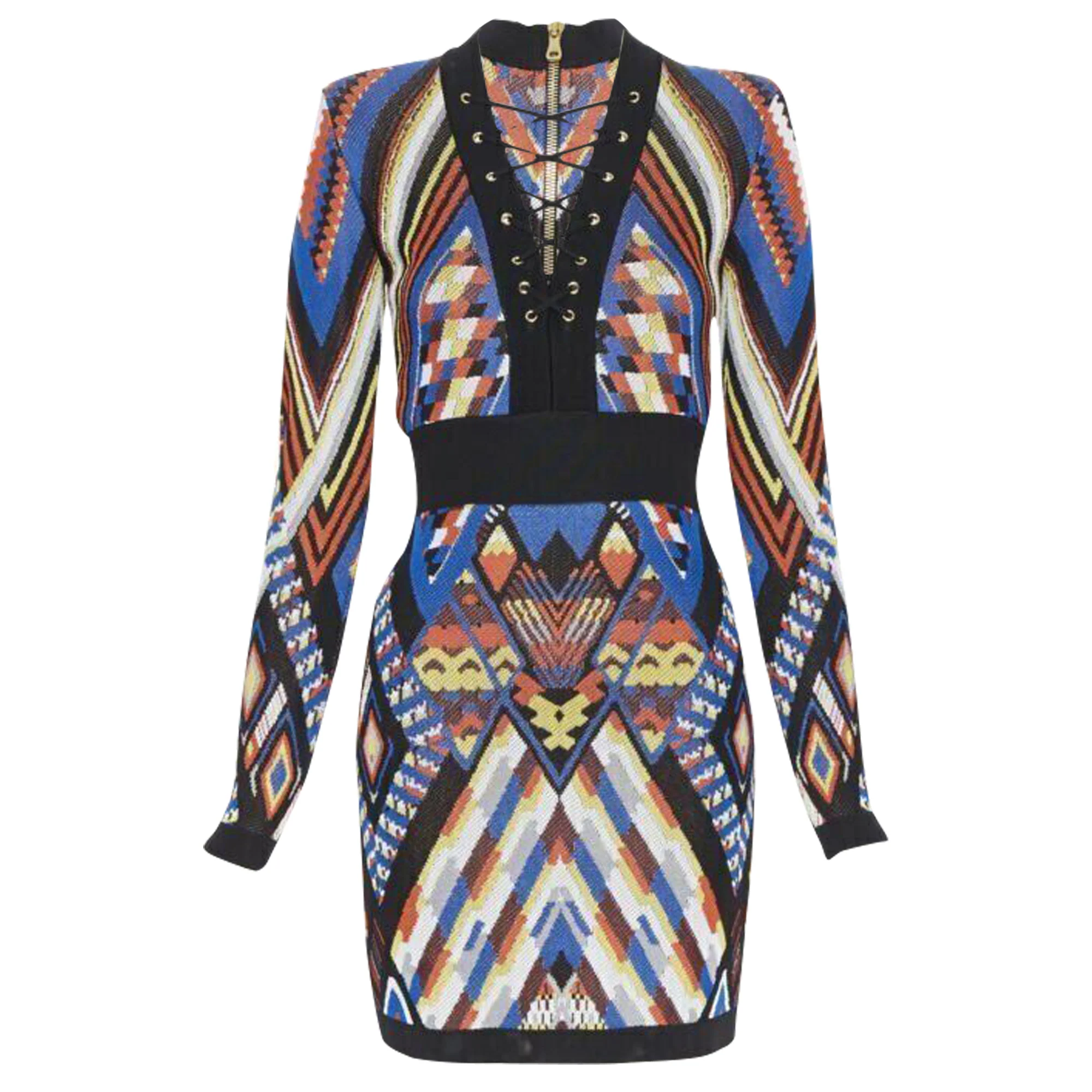Women's Balmain ethnic tribal knitted lace V-neck bodycon mini dress