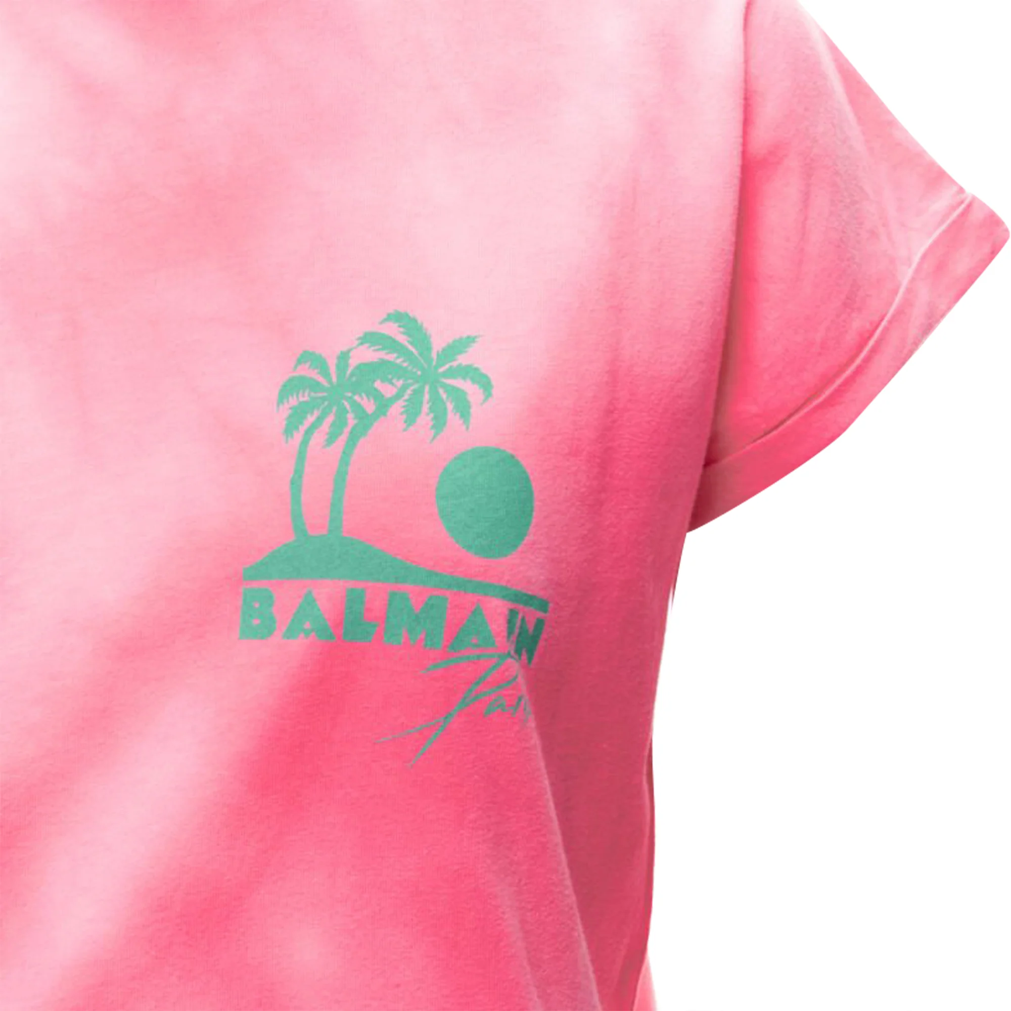 Women's Balmain palm tree logo tie dye crew neck cap sleeve t-shirt top - Image 2