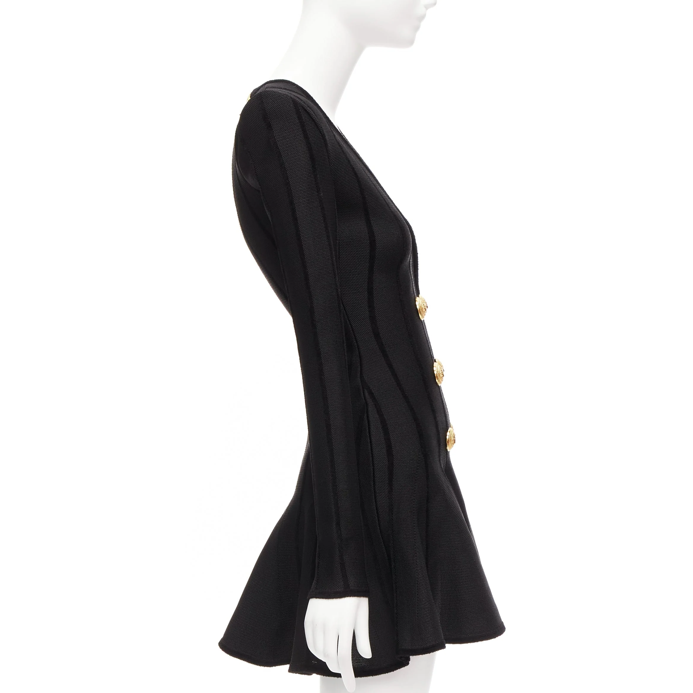 Women's Balmain Striped Chenille Gold Lion Button Mesh Mini Dress - Image 10