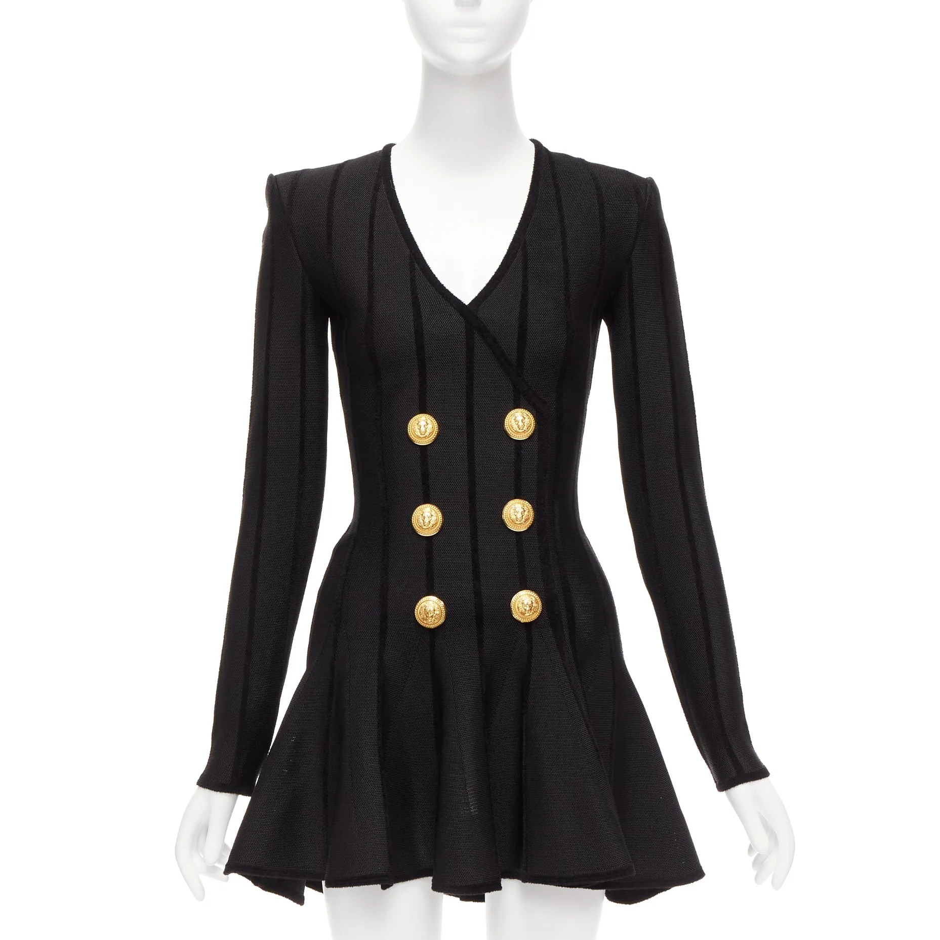 Women's Balmain Striped Chenille Gold Lion Button Mesh Mini Dress - Image 7