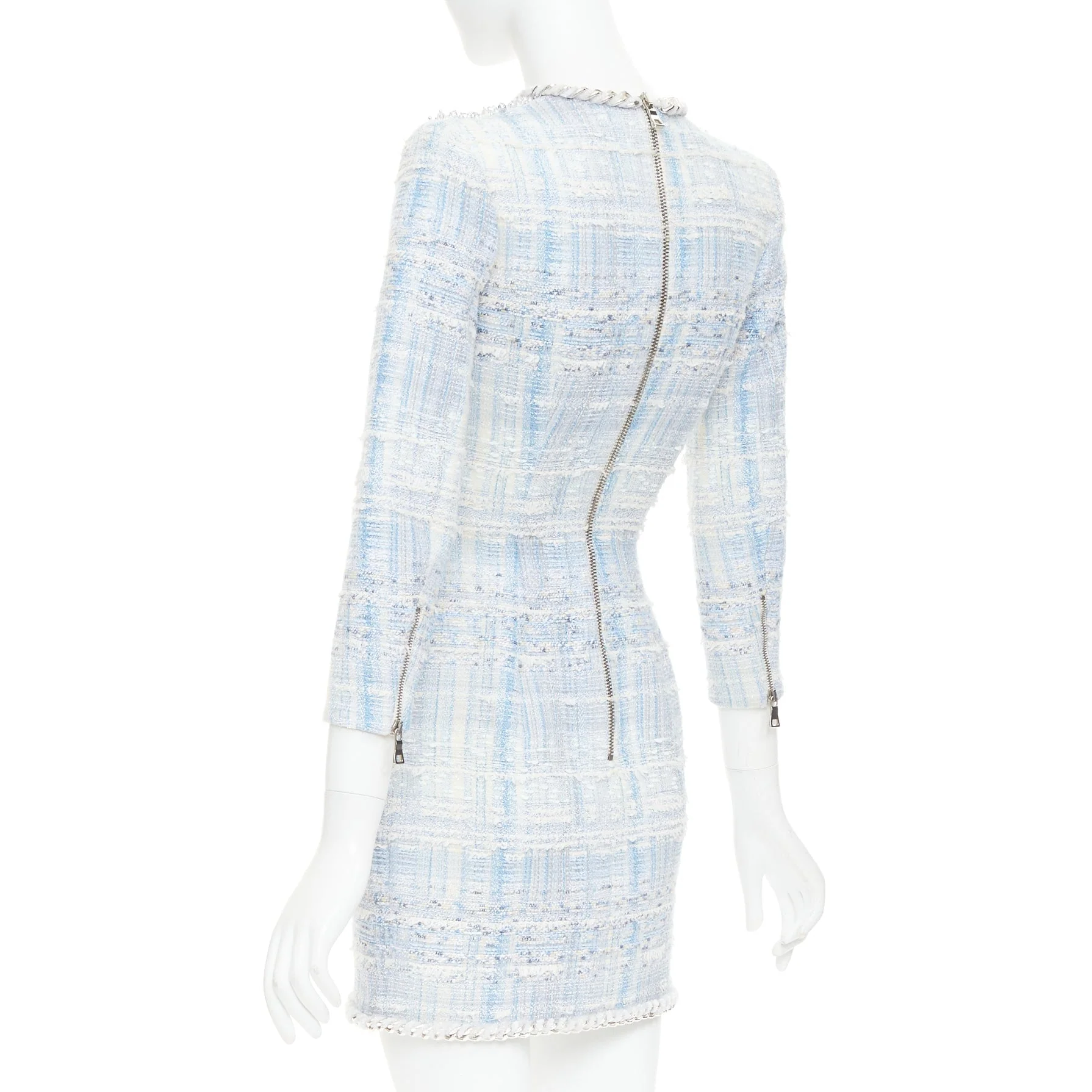 Women's rare BALMAIN blue white tweed pearl bead embellished plunge mesh dress FR34 XS - Image 6