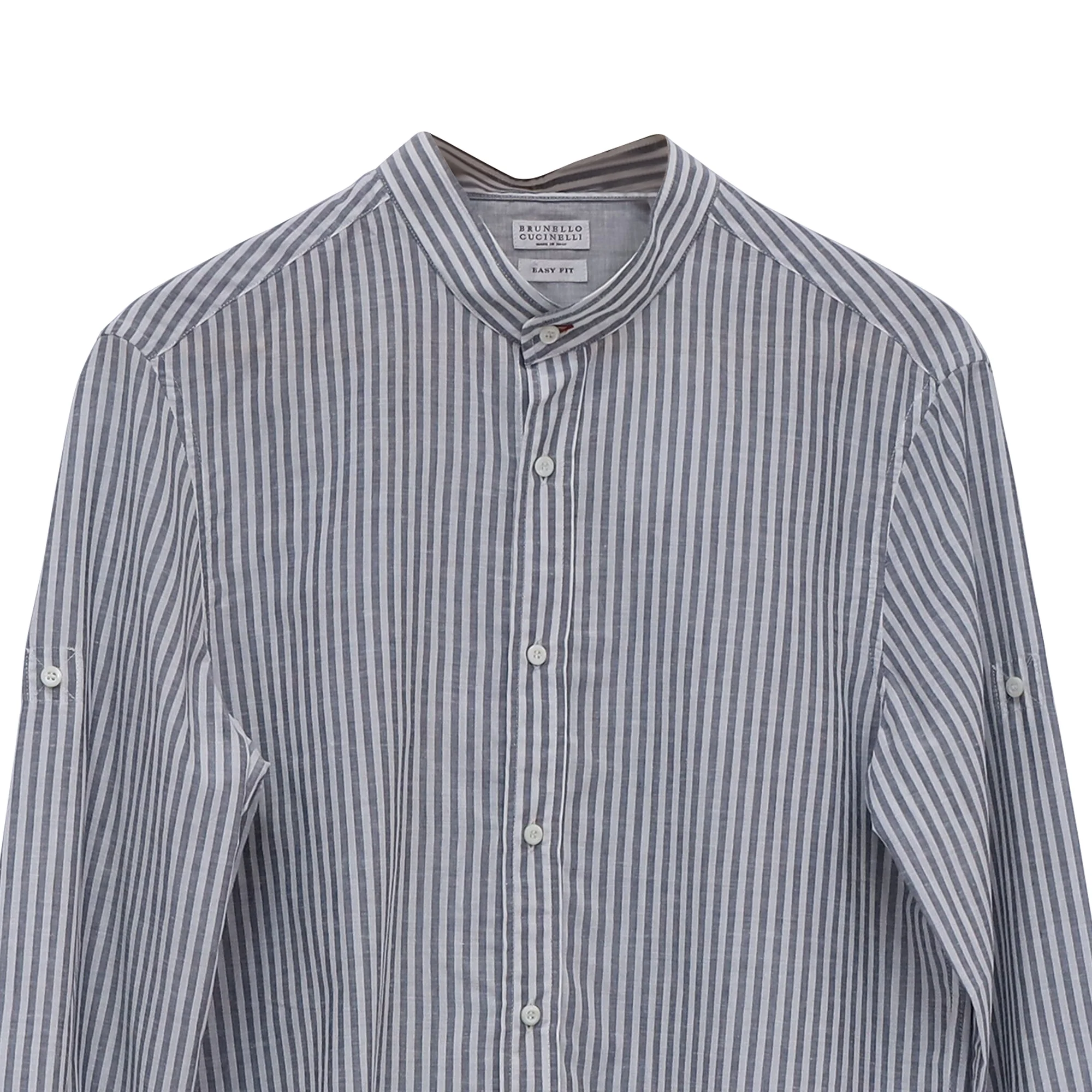 Men's Brunello Cucinelli Easy Fit Button-Down Shirt in Grey and White Linen - Image 2