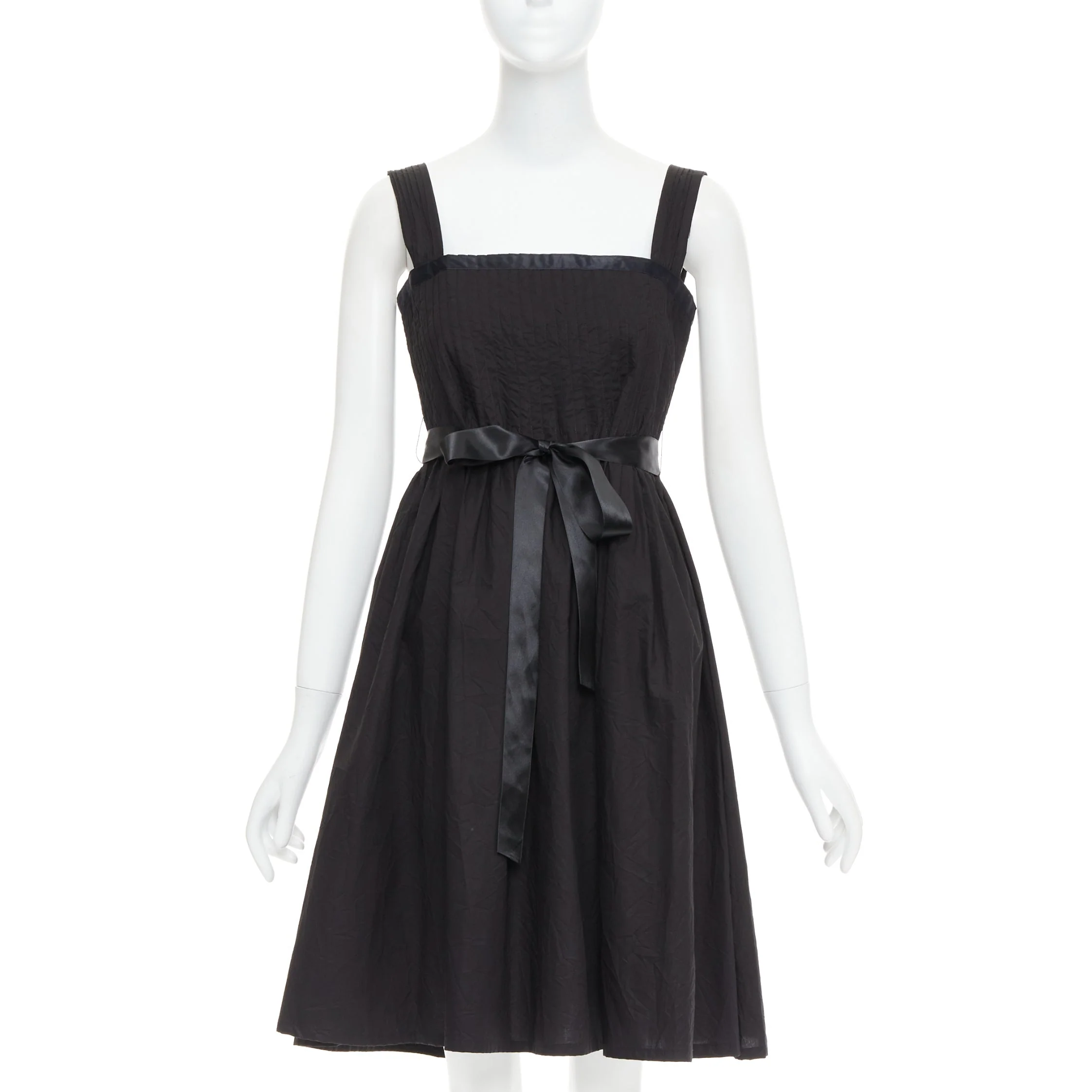 Women's BURBERRY LONDON black cotton pleated waist ribbon tie babydoll dress UK8 S