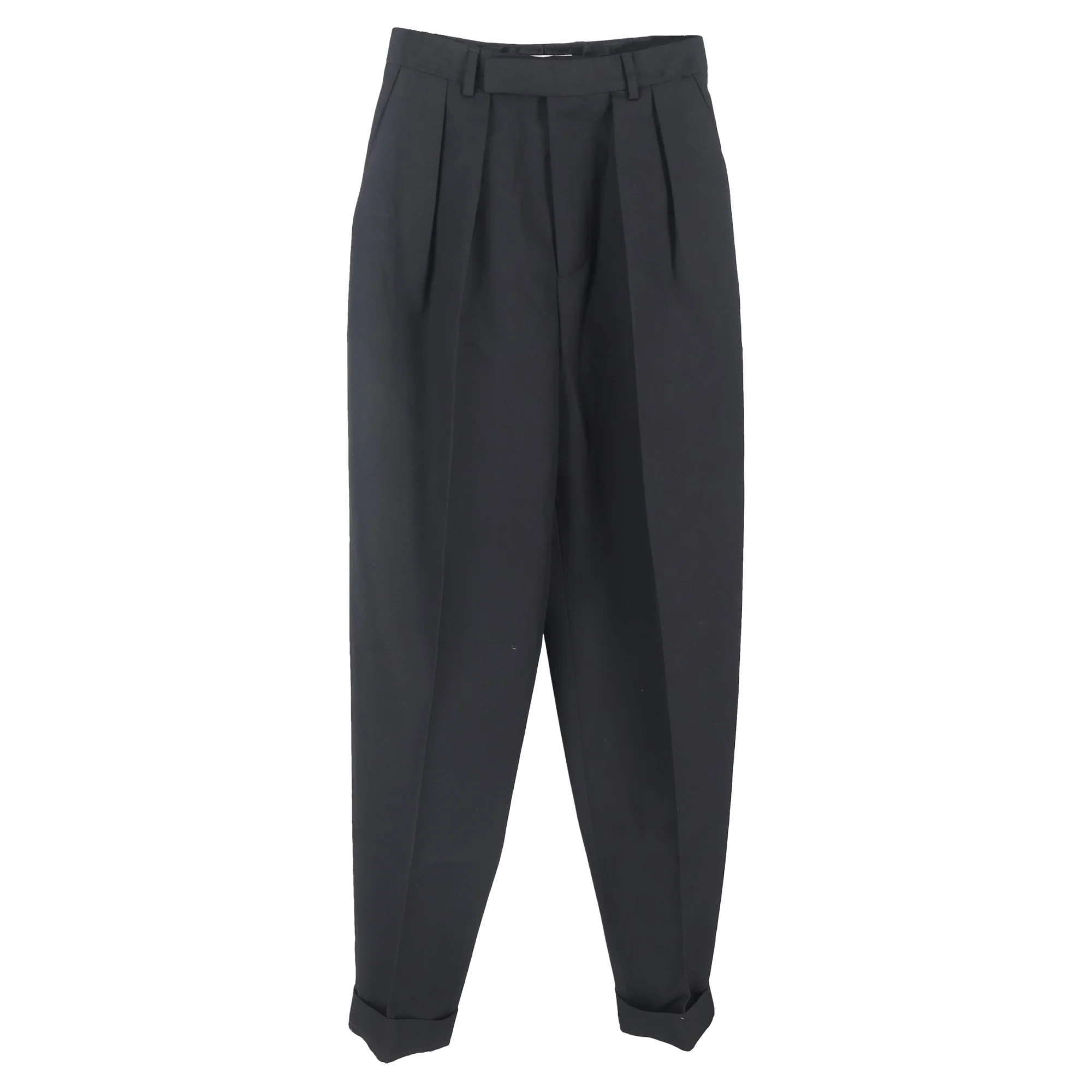Women's Celine Pleated Folded Hem Straight-Leg Trousers in Black Wool