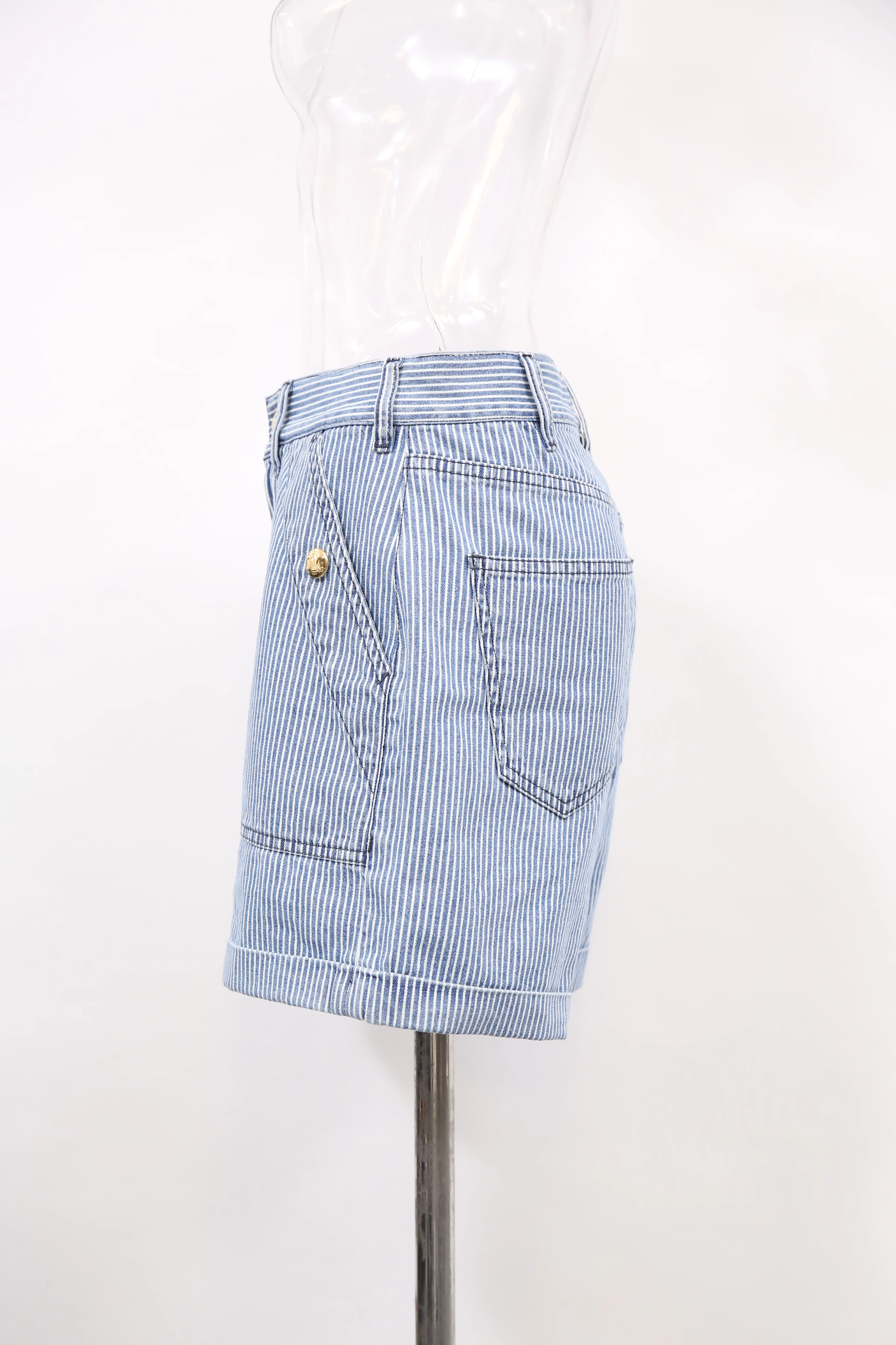Women's Celine Striped High-Rise Shorts in Blue Cotton Denim - Image 6