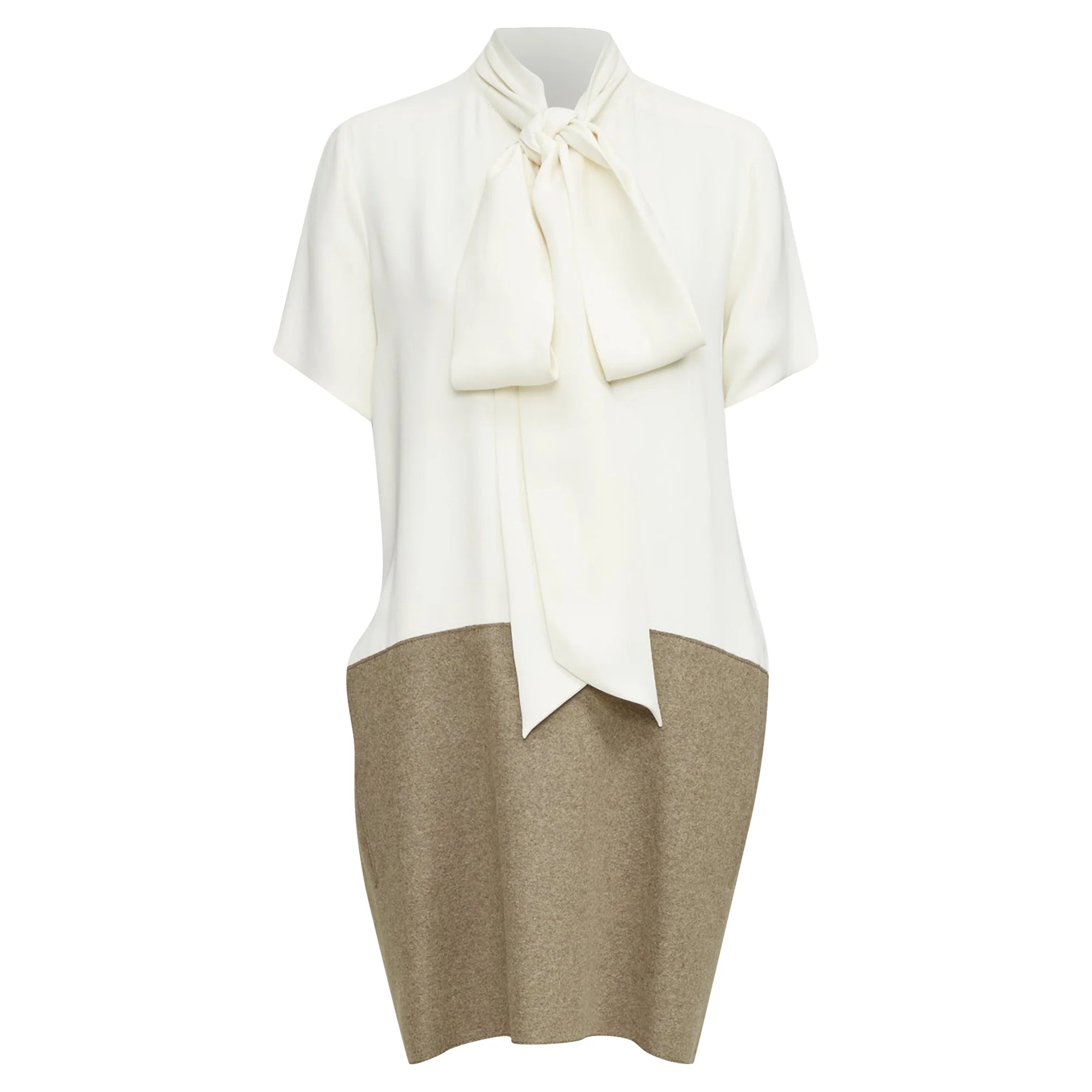 Women's OLD CELINE Phoebe Philo cream taupe silk wool felt drop waist shirt dress FR38 M