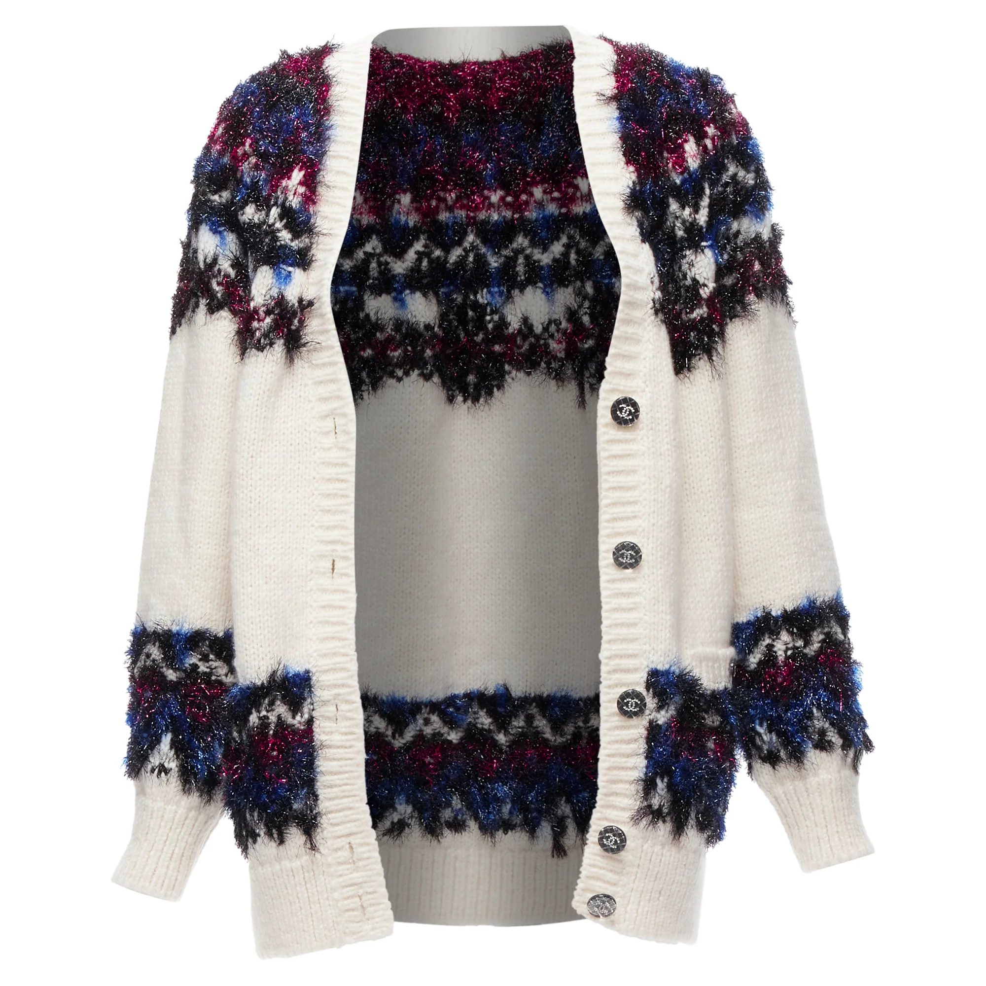 Women's Chanel fluffy lurex intarsia crystal cc button cardigan - Image 3