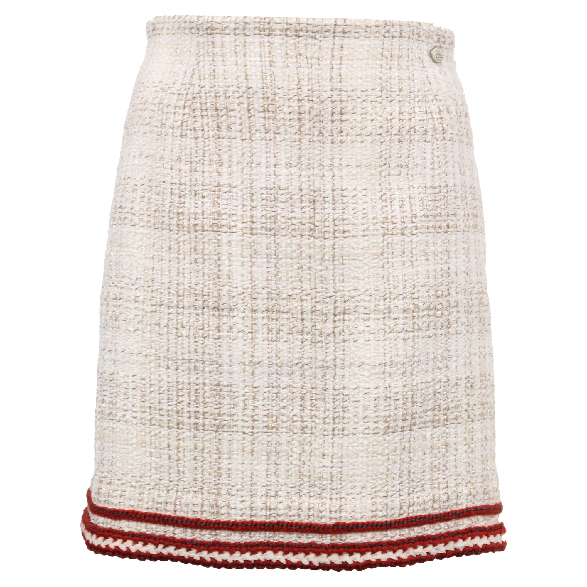 Women's Chanel Mini A-Line Skirt in Beige and Red Cotton Tweed