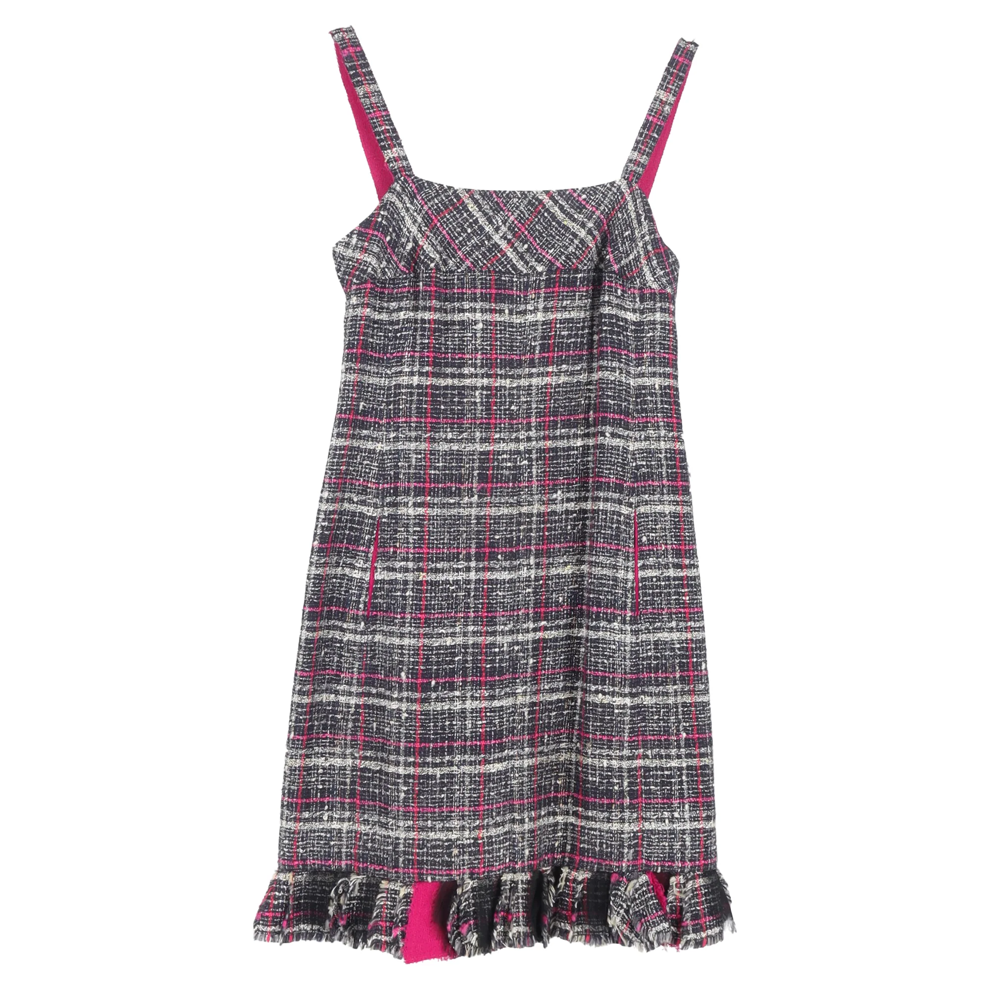 Women's Chanel Plaid Tweed Ruffle Hem Mini Dress in Grey and Pink Cotton