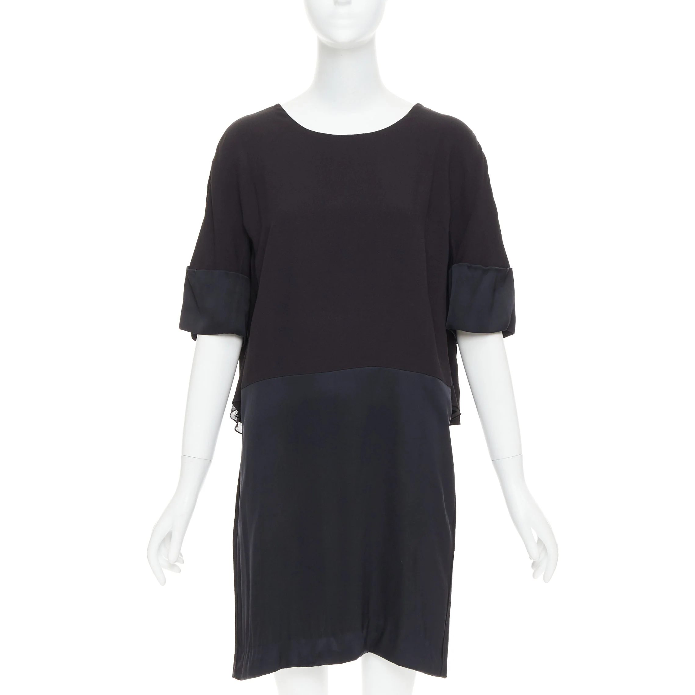 Women's CHLOE black 100% silk crepe satin contrast cape back dress FR42 XL