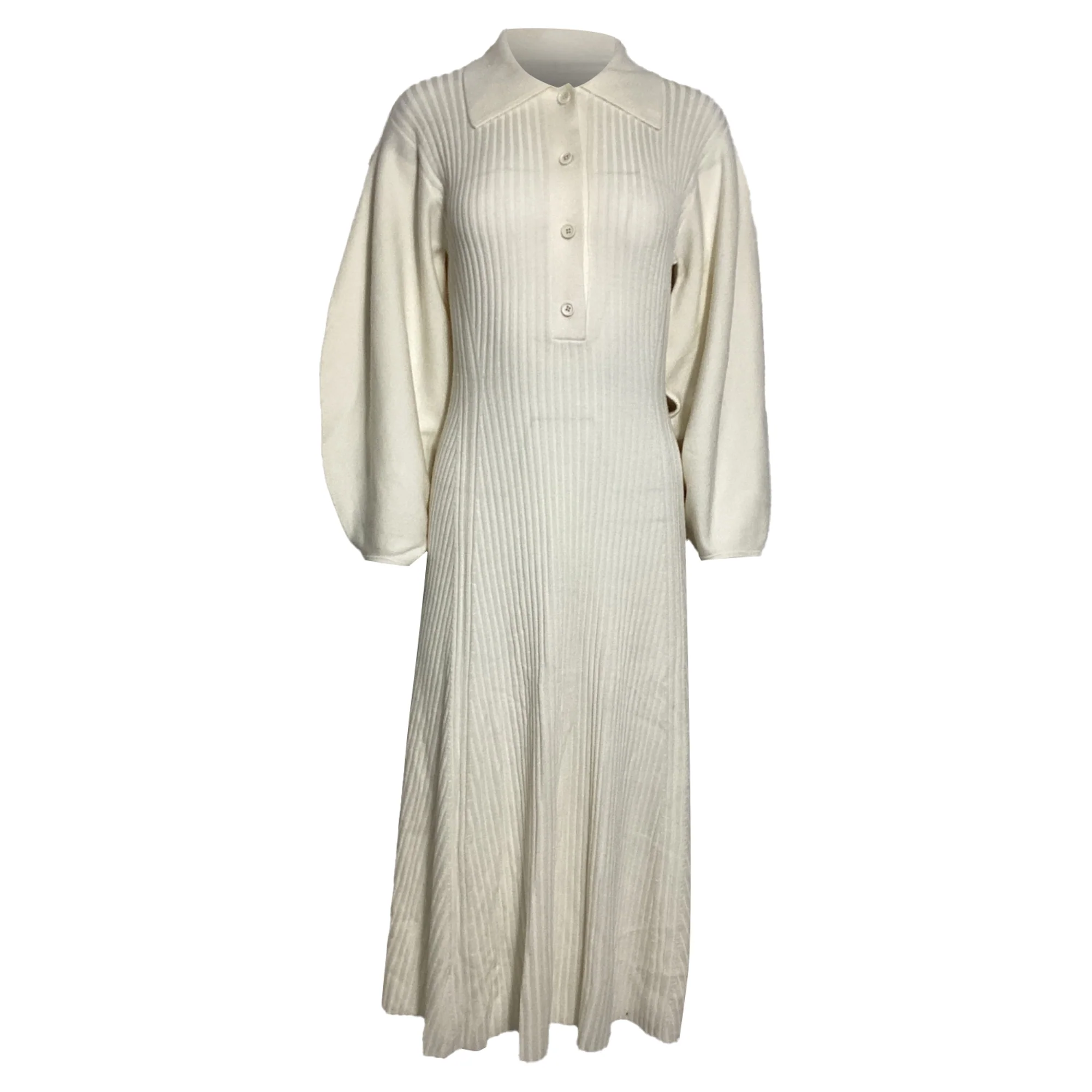 Women's Chloe Ribbed-Knit Midi Collared Dress in Cream Wool