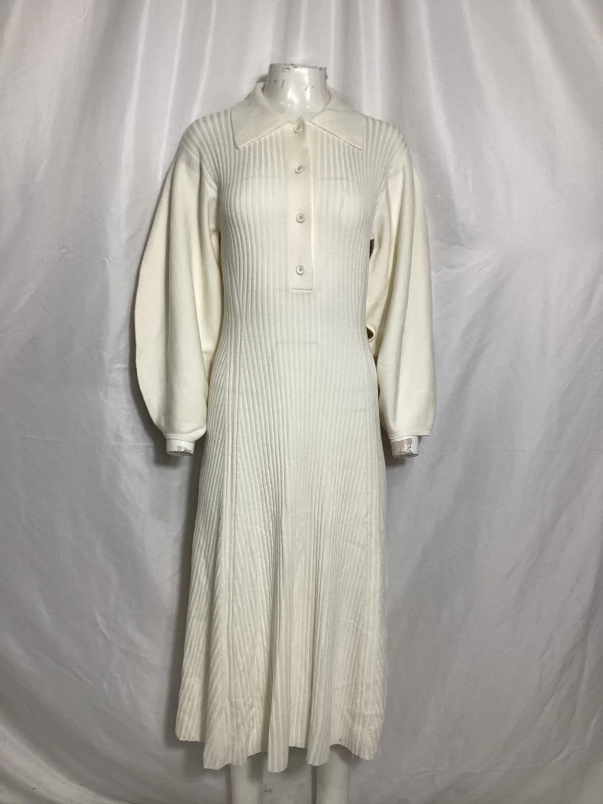 Women's Chloe Ribbed-Knit Midi Collared Dress in Cream Wool - Image 6