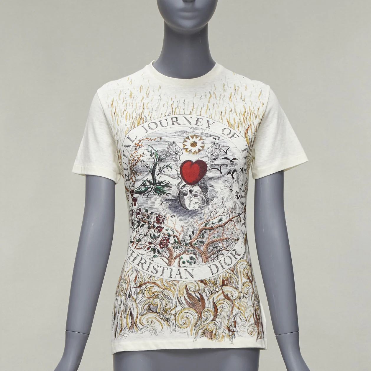 Women's Dior Brutal Journey Of The Heart Graphic Print Ecru Cotton Linen Tshirt - Image 7