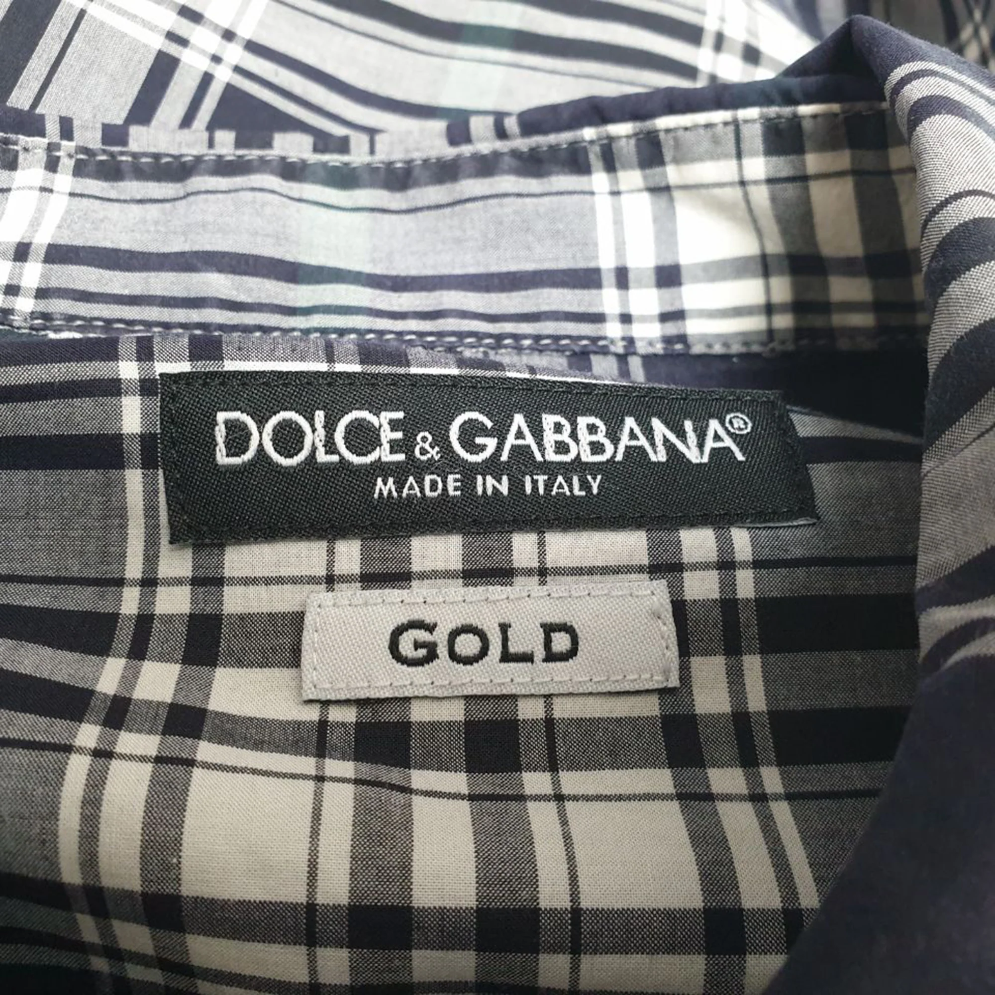 Men's Dolce & Gabbana Gold Checked Button-Down Long Sleeve Shirt in Navy Blue Cotton - Image 4