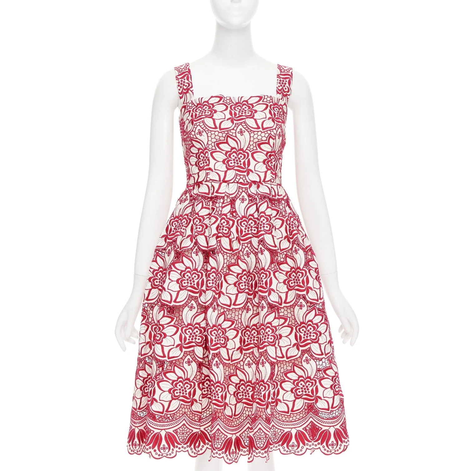 Women's DOLCE GABBANA 2021 red cream floral embroidery anglais flared sun dress IT38 XS