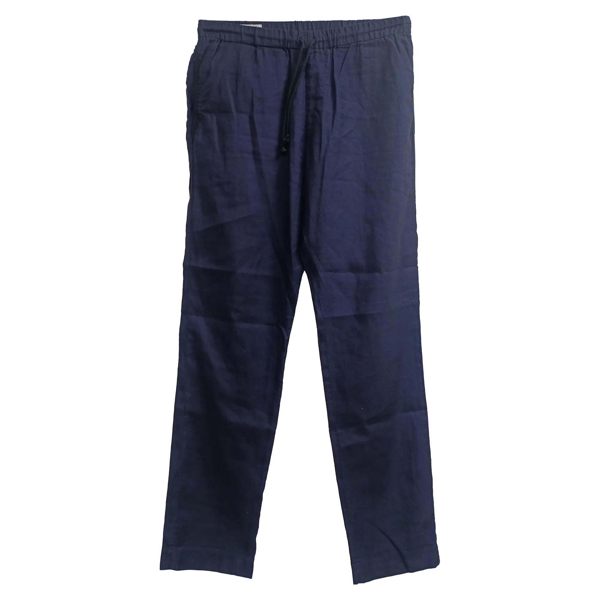 Men's Dries Van Noten Drawstring Straight-Leg Trousers in Navy Blue Linen