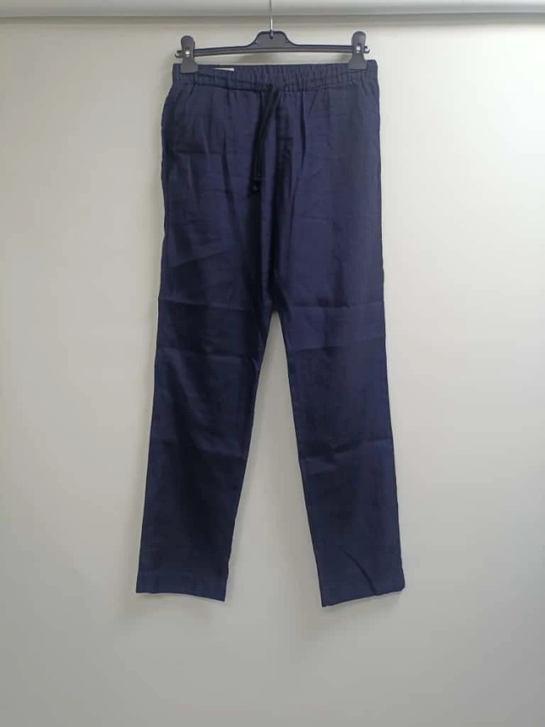 Men's Dries Van Noten Drawstring Straight-Leg Trousers in Navy Blue Linen - Image 8