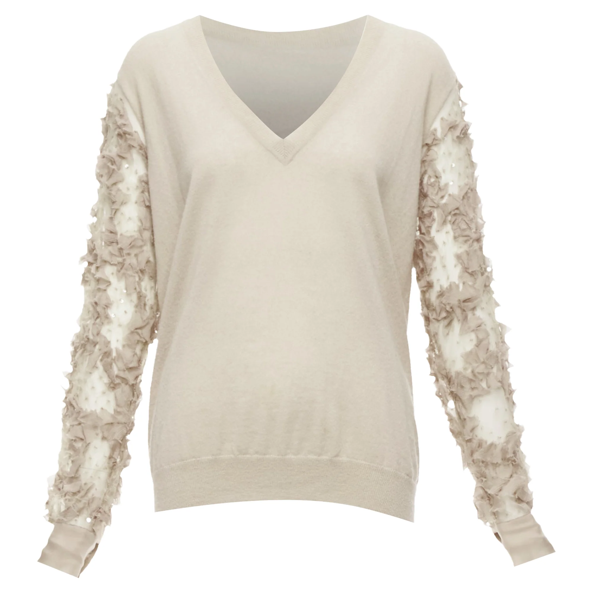 Women's Dries Van Noten Cashmere Silk Ruffle Sheer Sleeves V-Neck Sweater