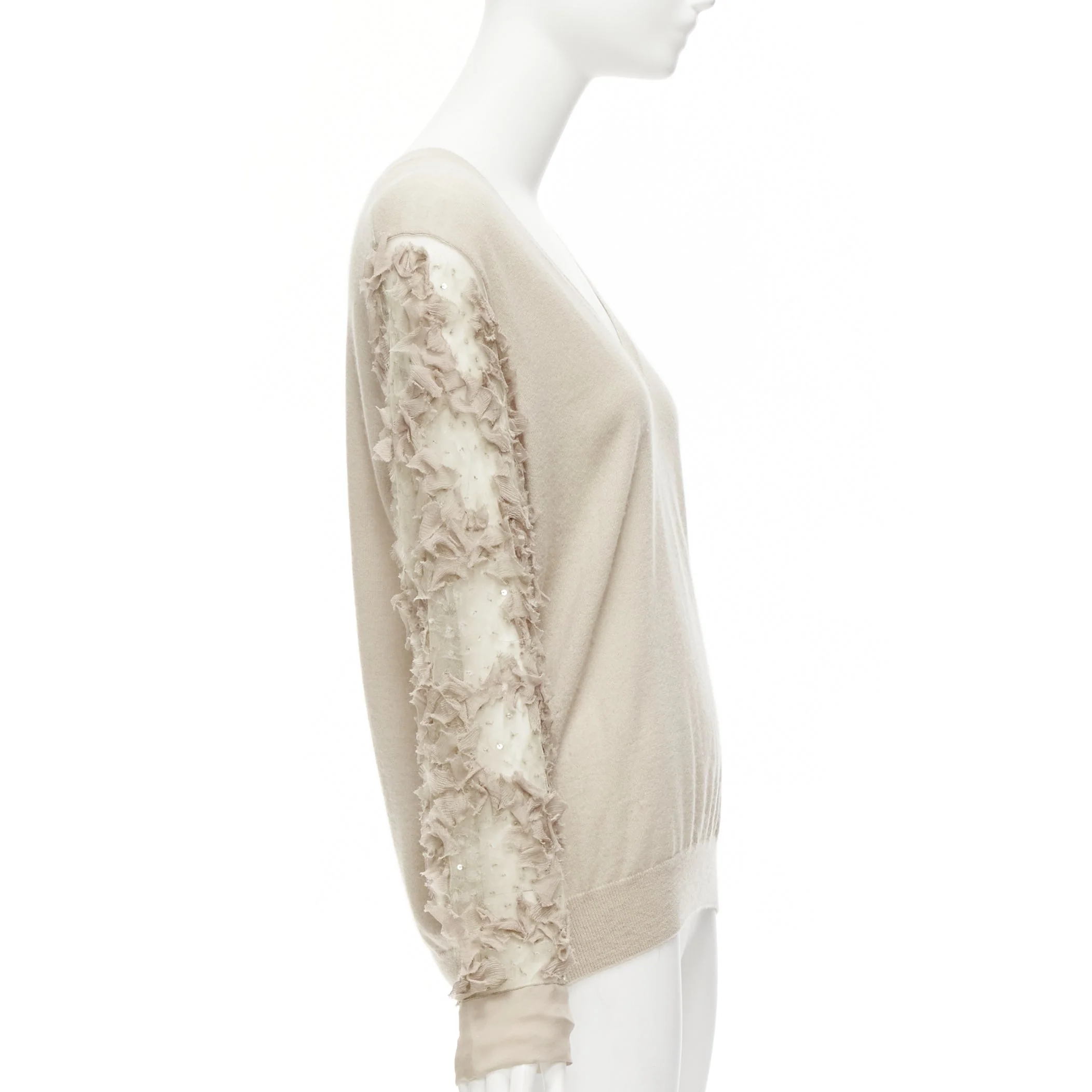 Women's Dries Van Noten Cashmere Silk Ruffle Sheer Sleeves V-Neck Sweater - Image 10
