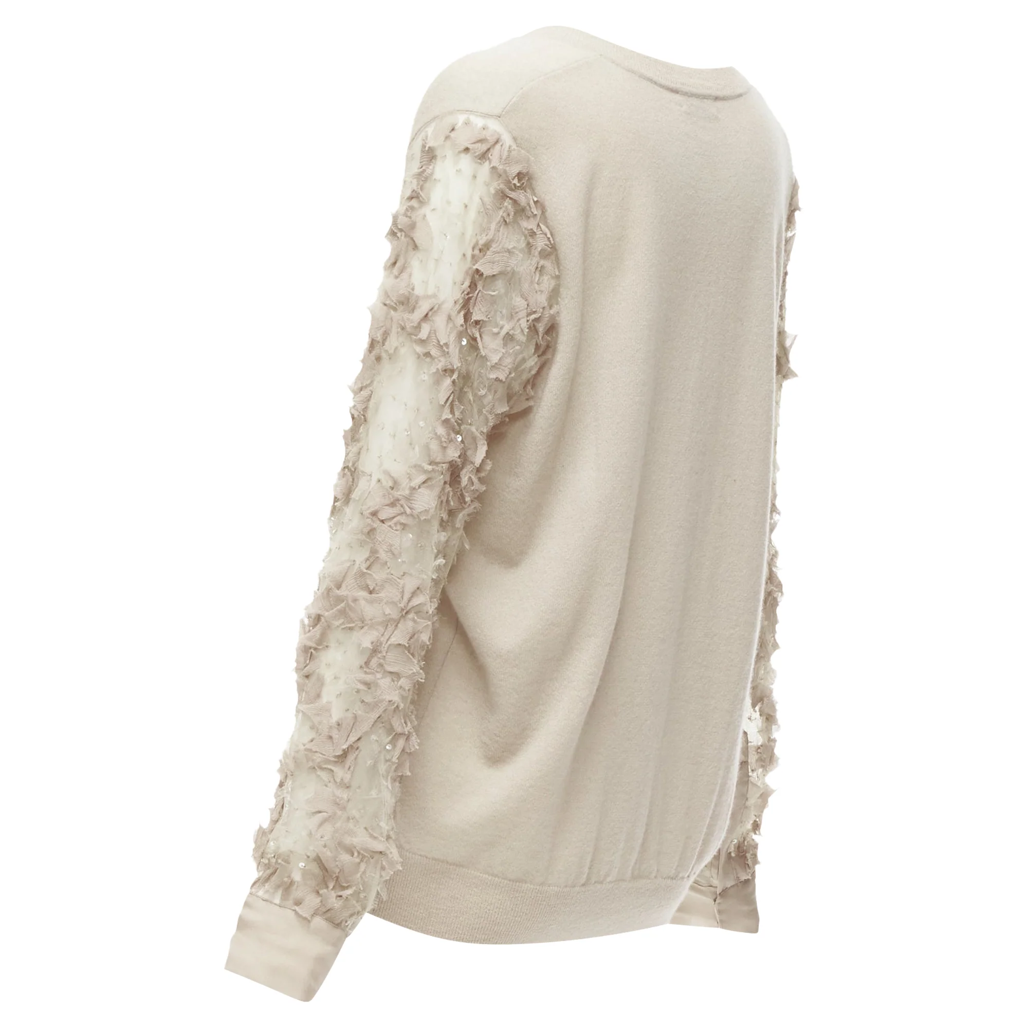 Women's Dries Van Noten Cashmere Silk Ruffle Sheer Sleeves V-Neck Sweater - Image 6