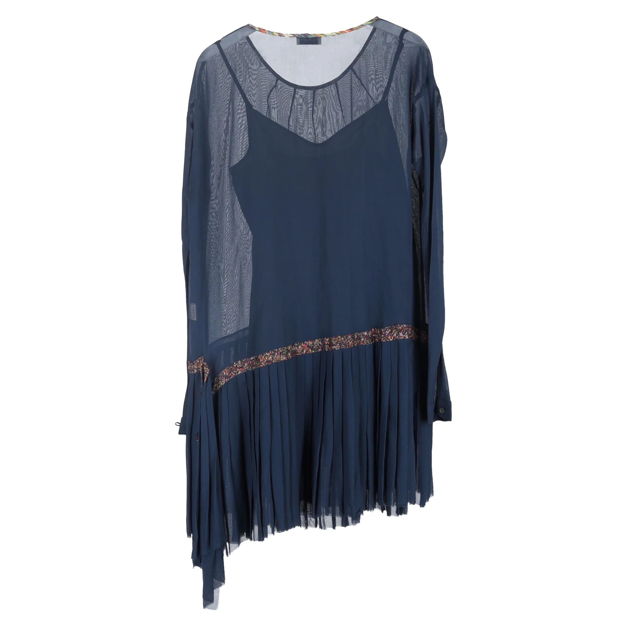Women's Dries Van Noten Sheer Asymmetric Pleated Hem Dress in Navy Blue Rayon - Image 2