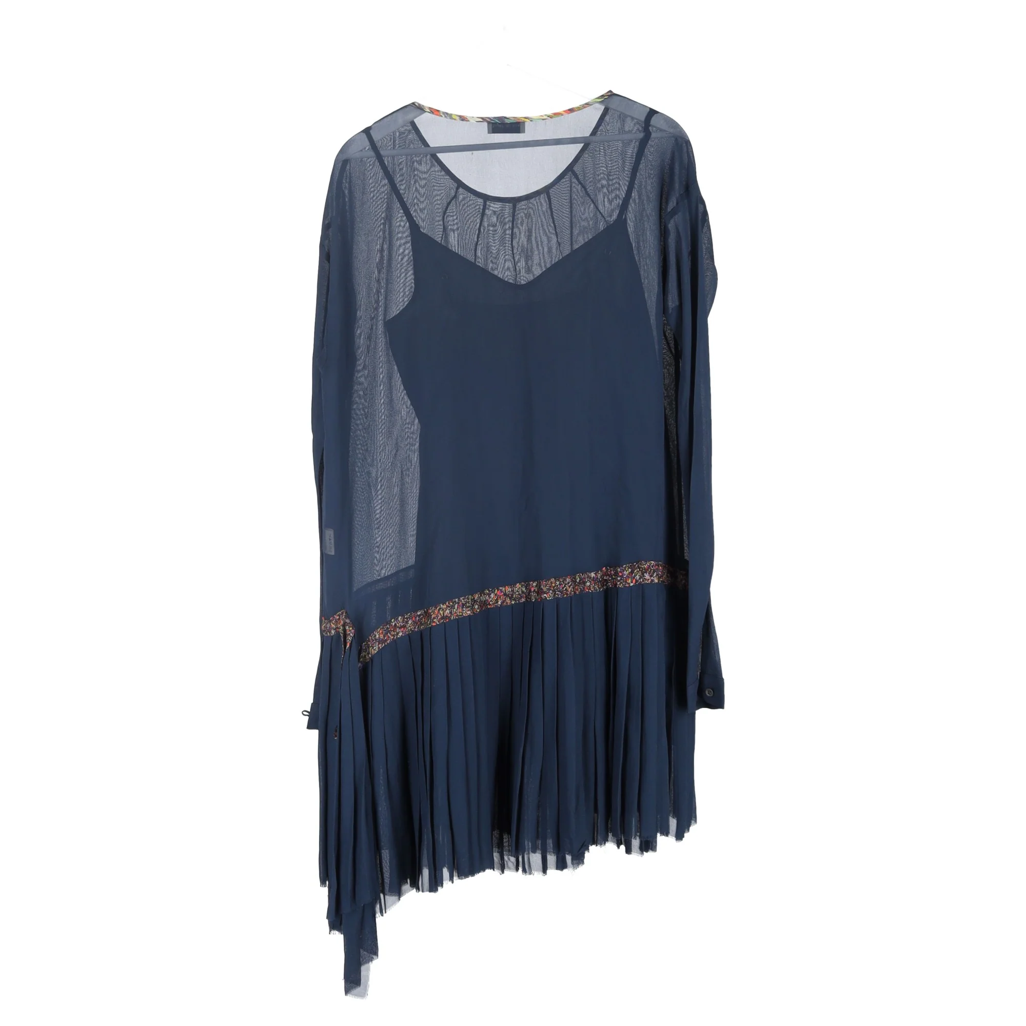 Women's Dries Van Noten Sheer Asymmetric Pleated Hem Dress in Navy Blue Rayon - Image 5