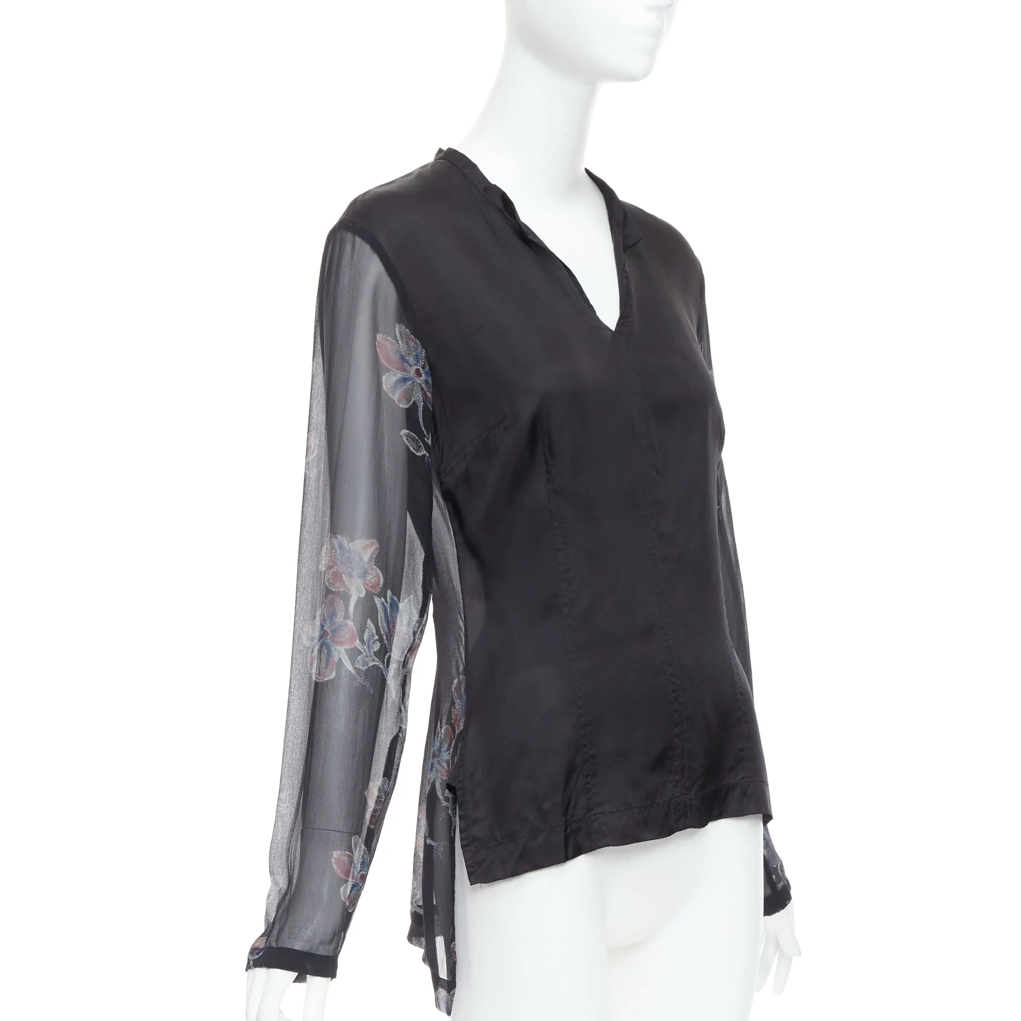 Women's Dries Van Noten silk floral sheer sleeve hi low blouse - Image 7
