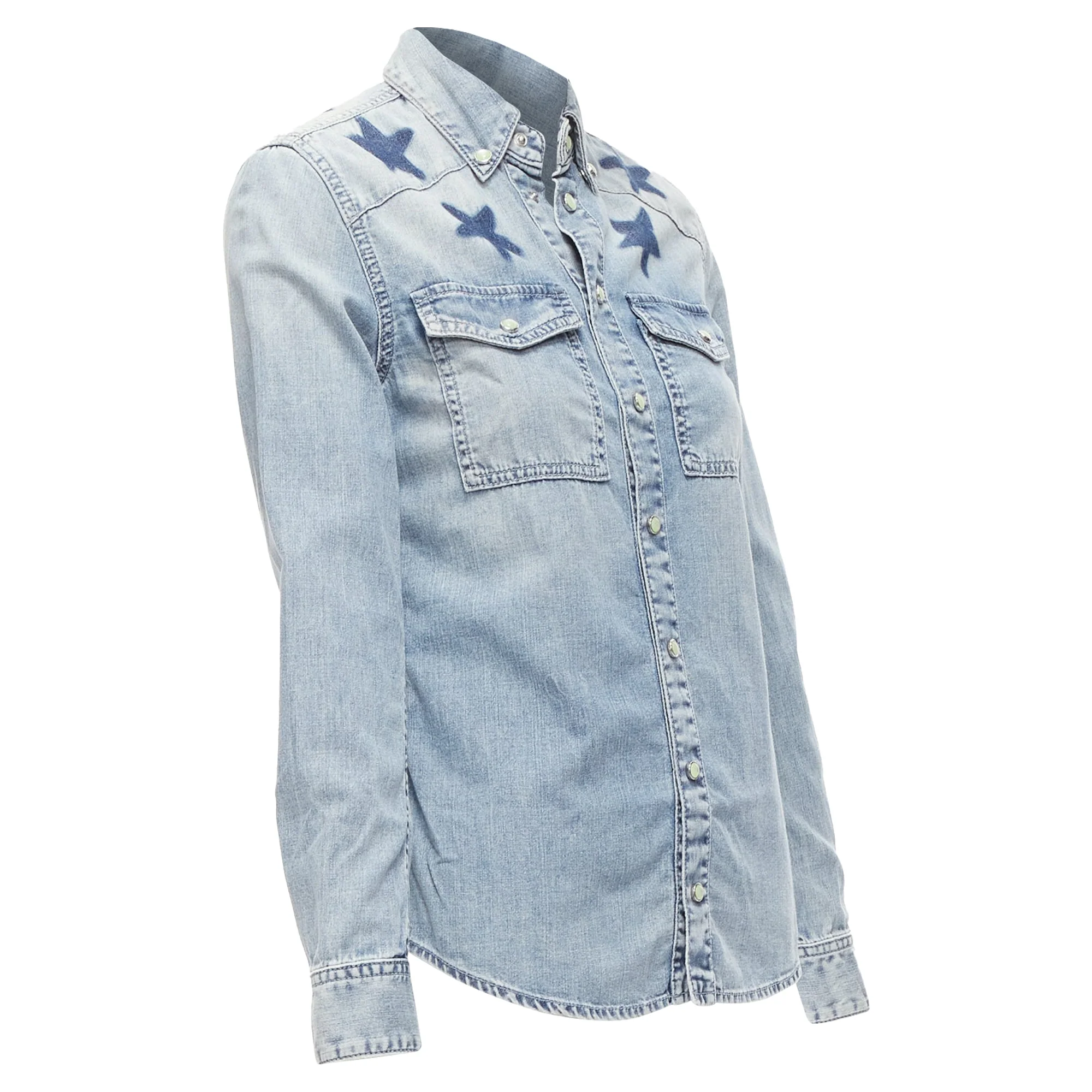 Women's Givenchy Riccardo Tisci Distressed Denim Star Collar Dress Shirt - Image 4