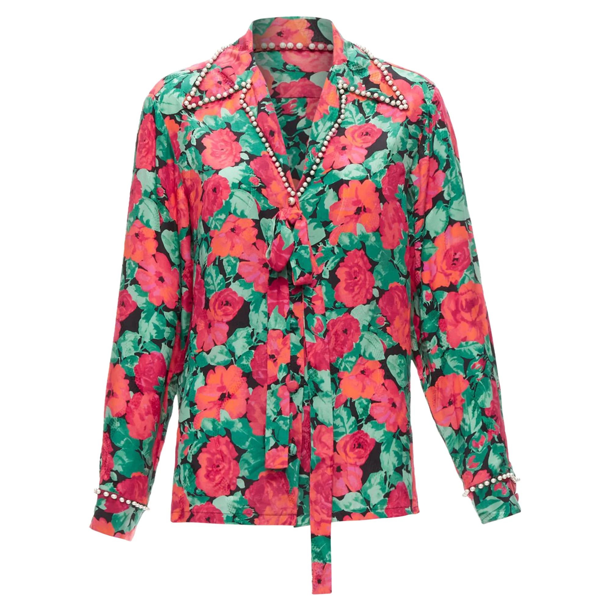 Women's Gucci Alessandro Michele floral GG pearl bow silk shirt