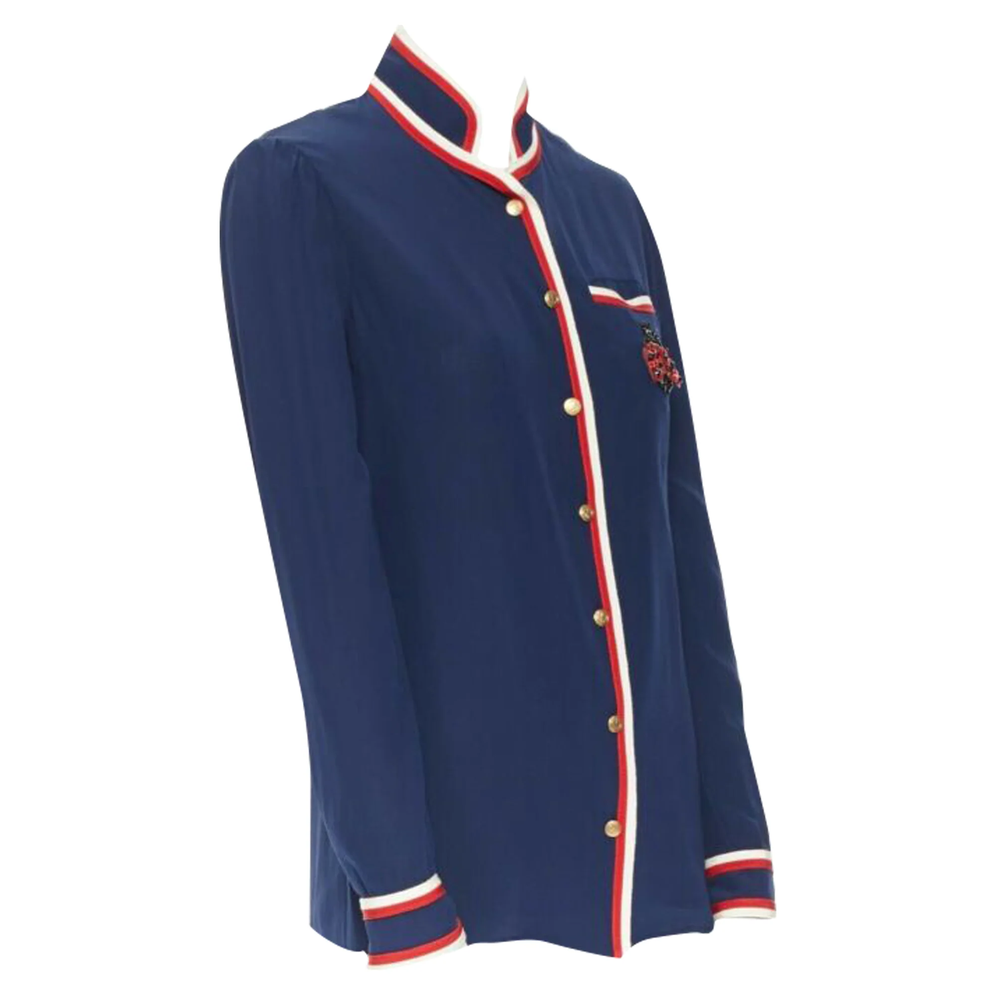 Women's Gucci tricolour ladybird ladybug embellish brooch badge silk shirt - Image 4