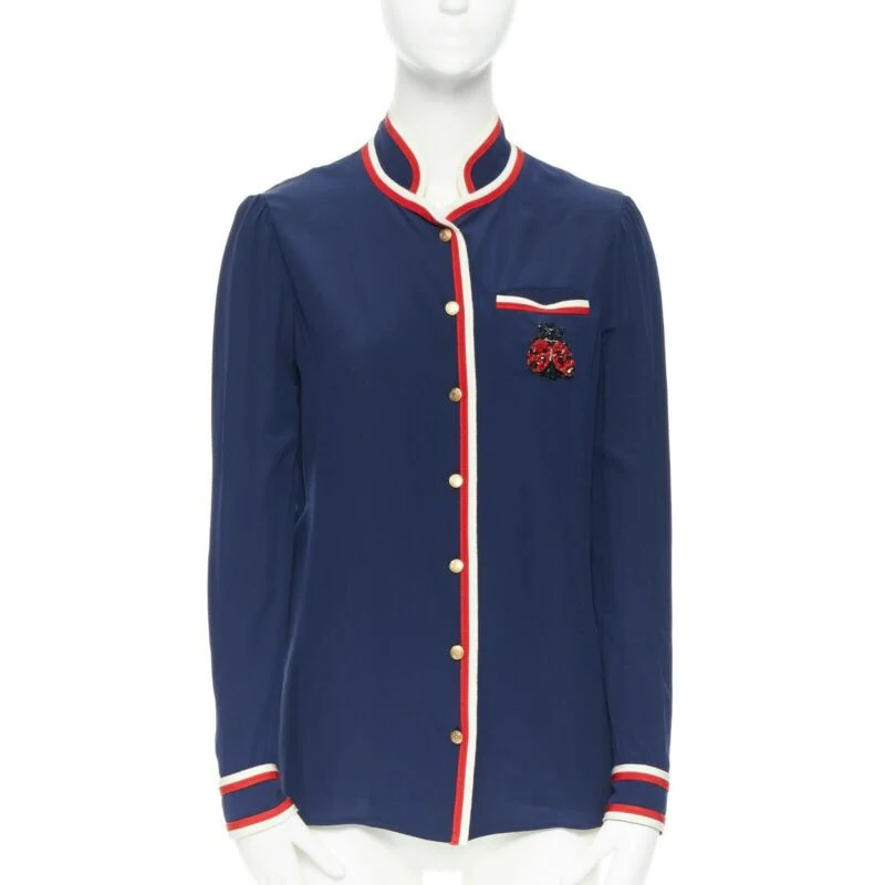 Women's Gucci tricolour ladybird ladybug embellish brooch badge silk shirt - Image 7
