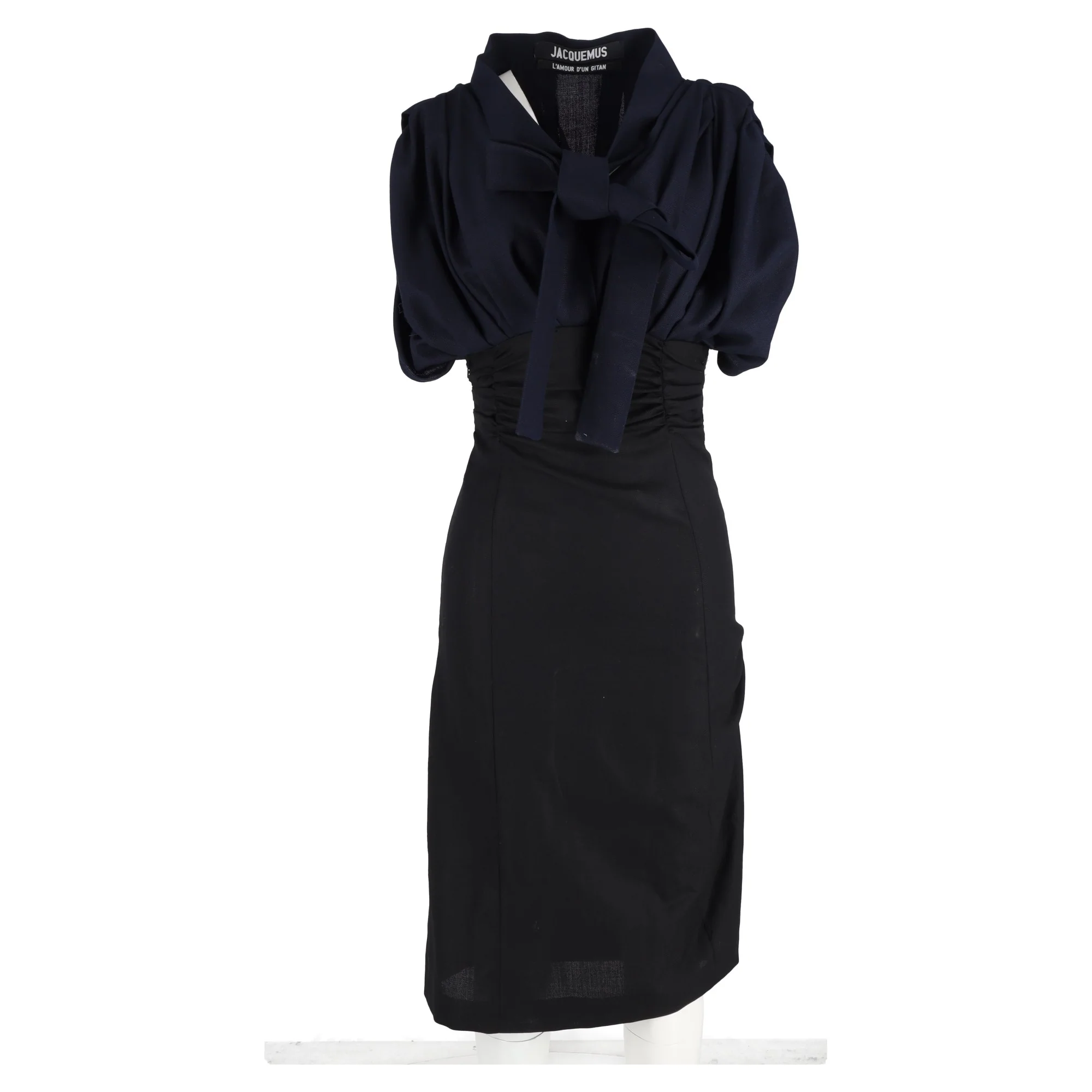 Women's Jacquemus La Robe Madame Ribbon Detail Midi Dress in Navy Blue Wool - Image 4