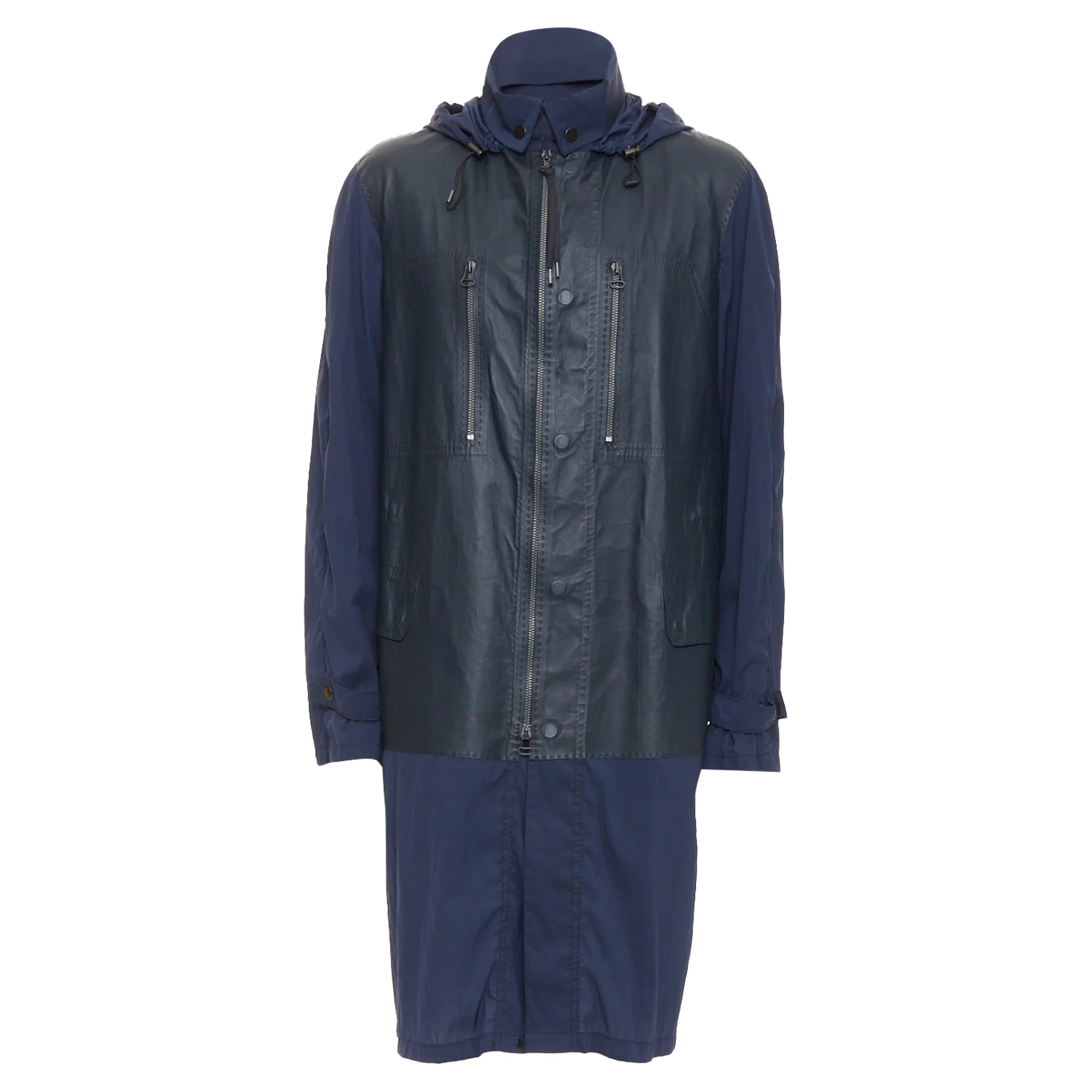 Men's LANVIN black leather panels navy lightweight nylon anorak coat FR48 M