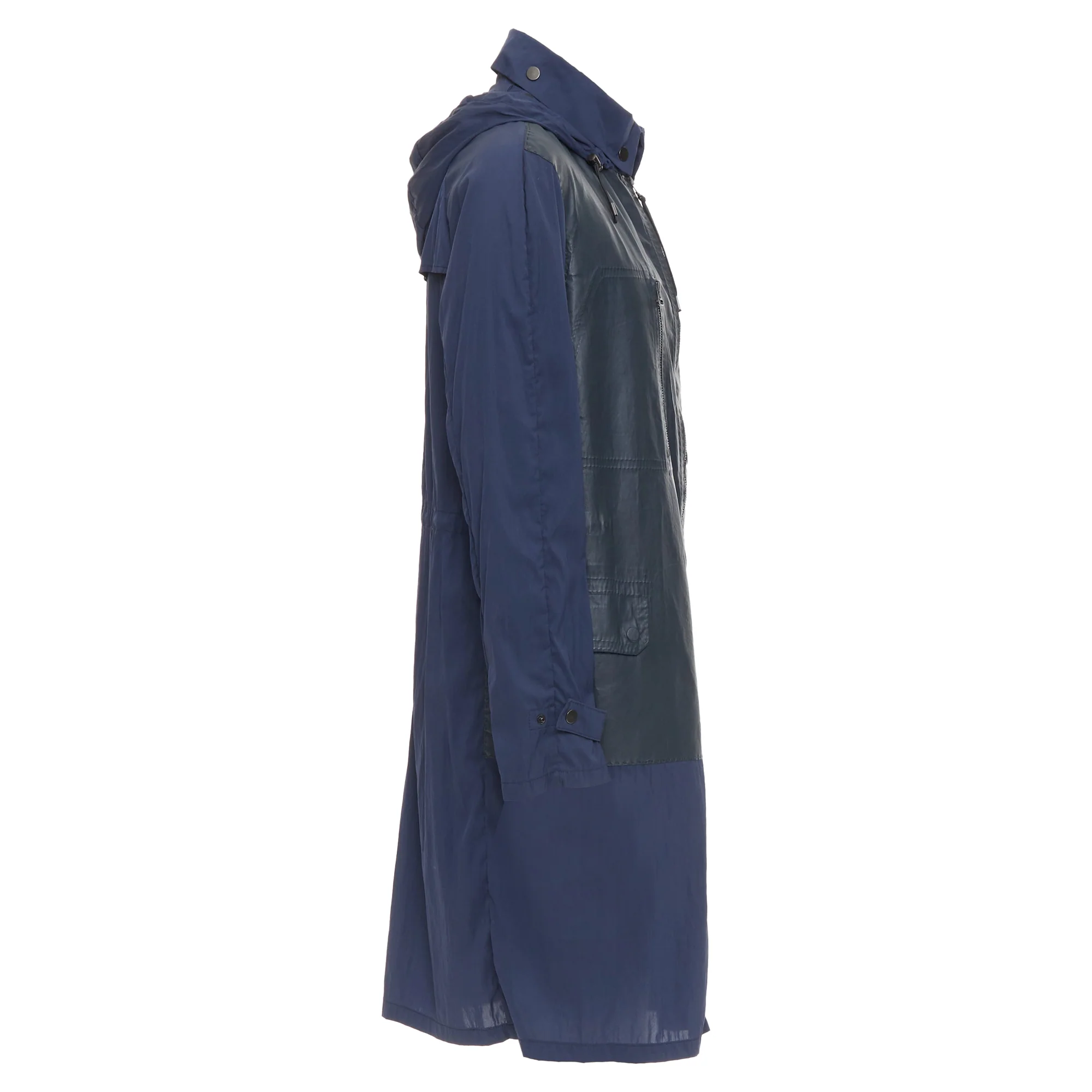 Men's LANVIN black leather panels navy lightweight nylon anorak coat FR48 M - Image 5