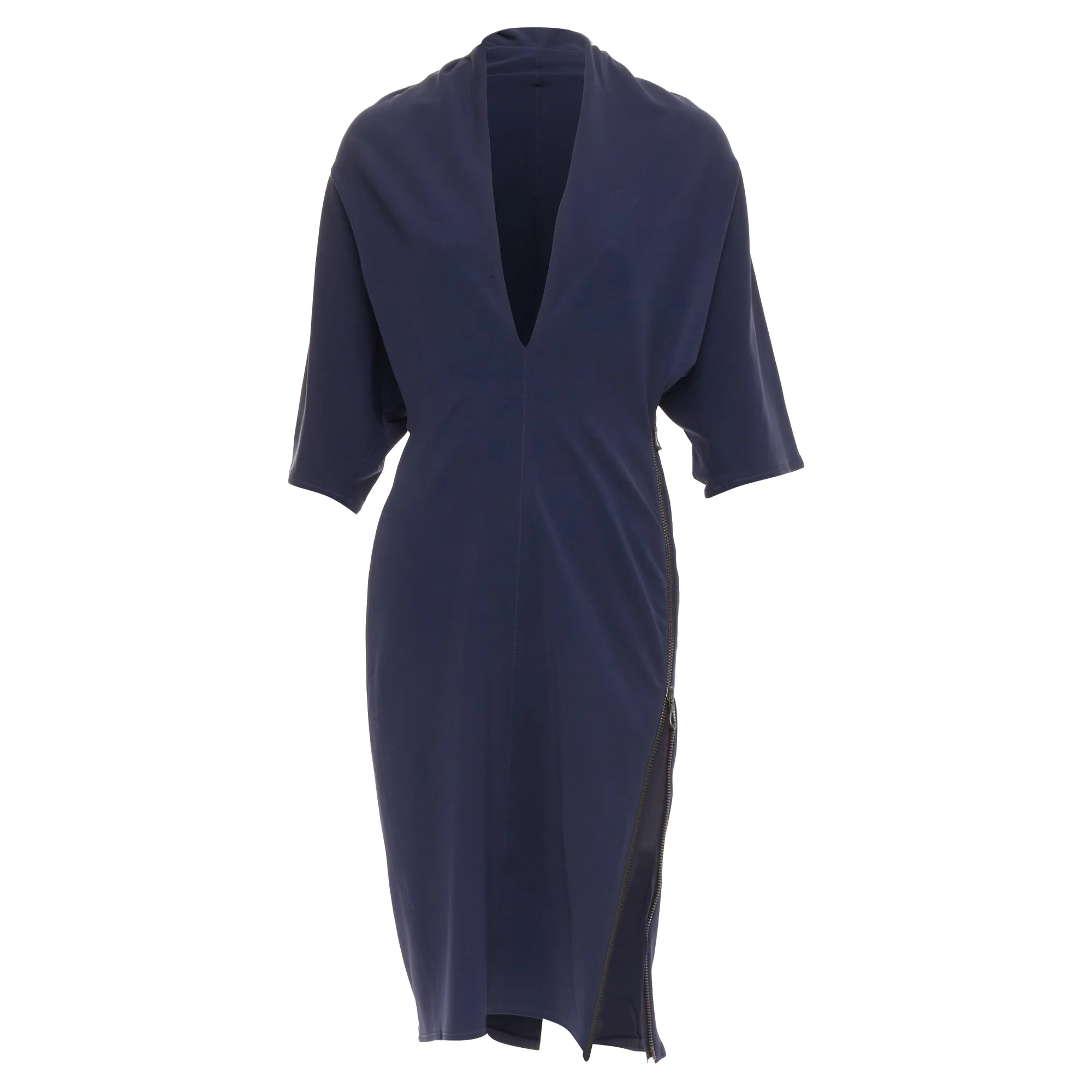Women's LANVIN 2011 Alber Elbaz navy drape V neck side zip side dolman dress FR40 L