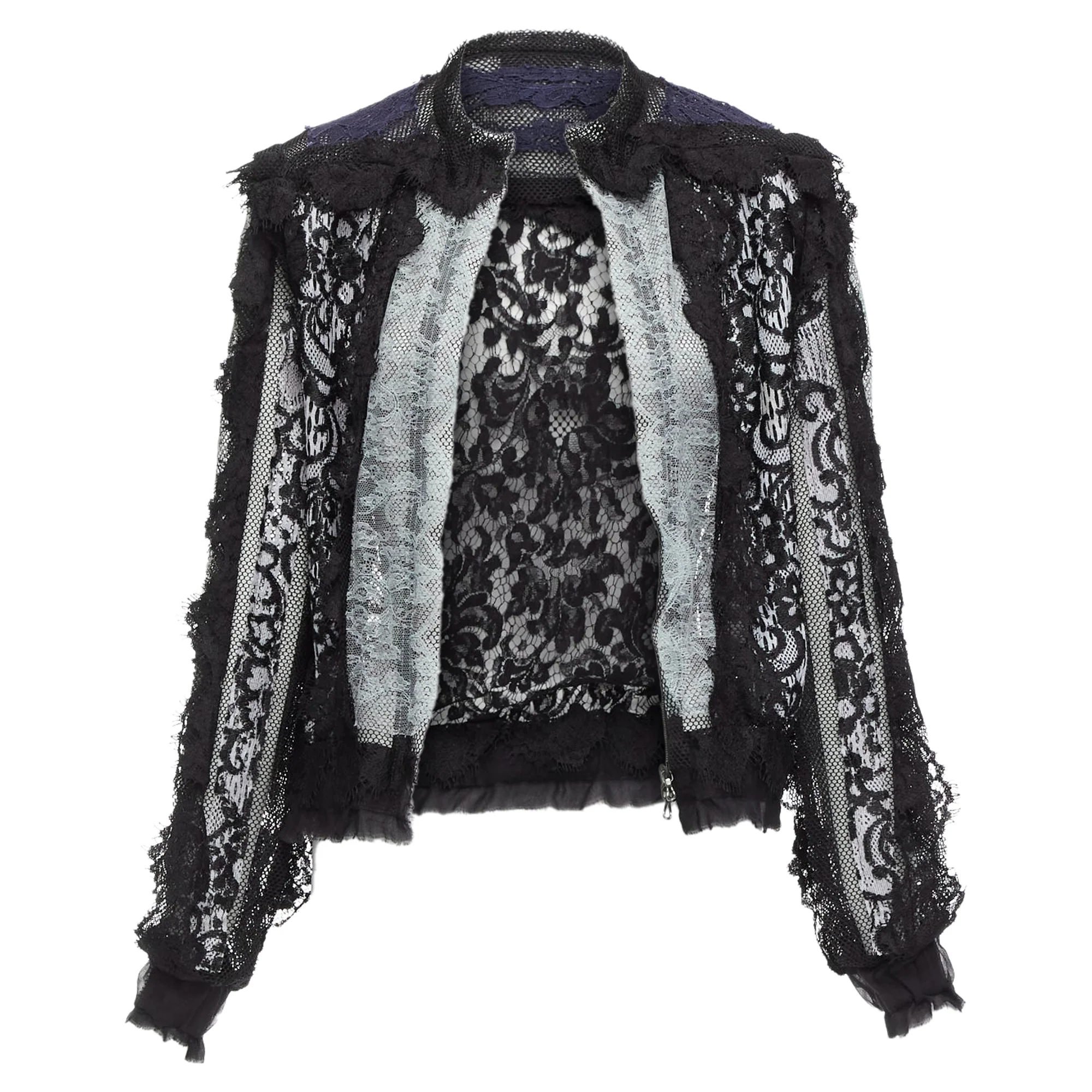 Women's LANVIN blue black intricate lace panels sheer long sleeve jacket FR34 XS - Image 2