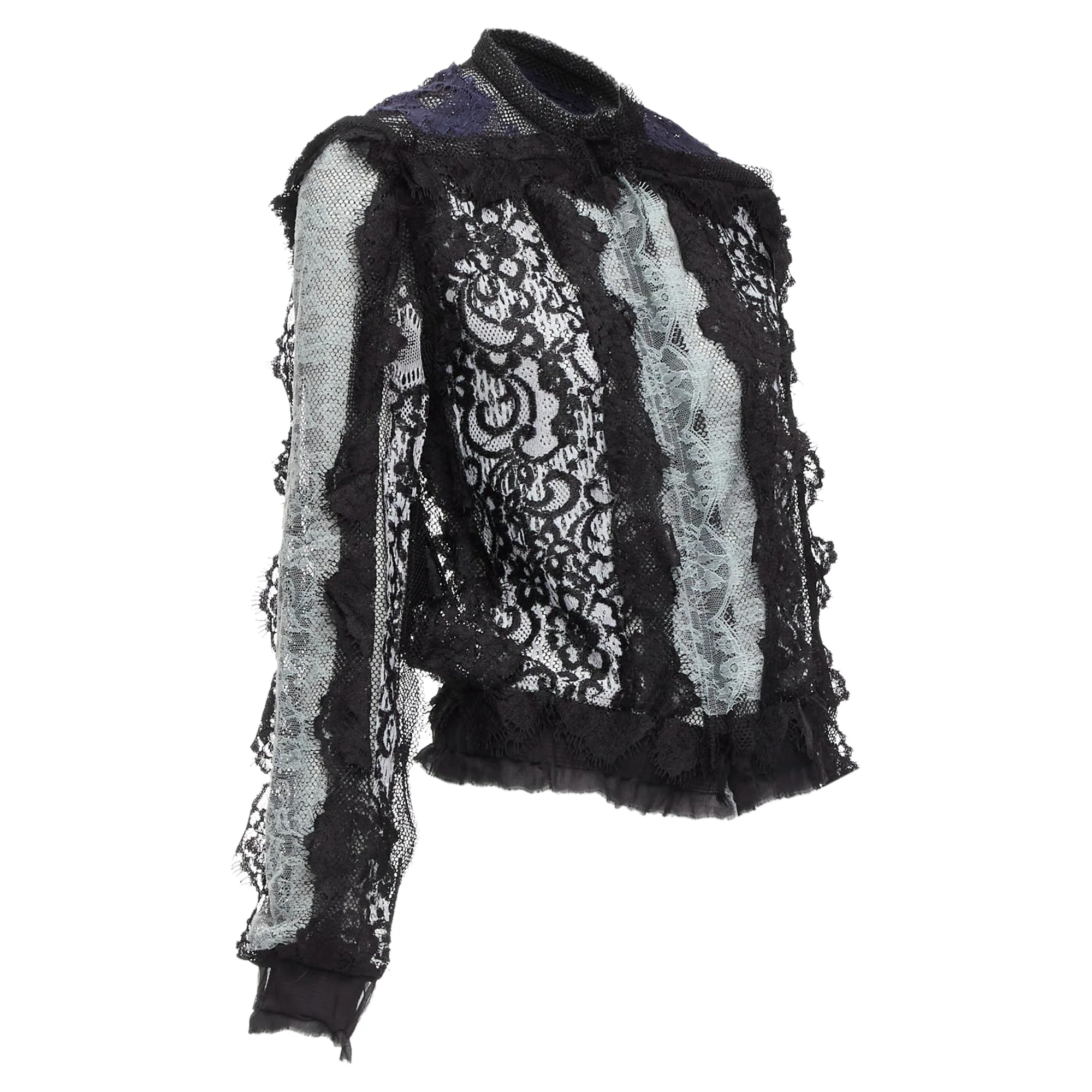 Women's LANVIN blue black intricate lace panels sheer long sleeve jacket FR34 XS - Image 3