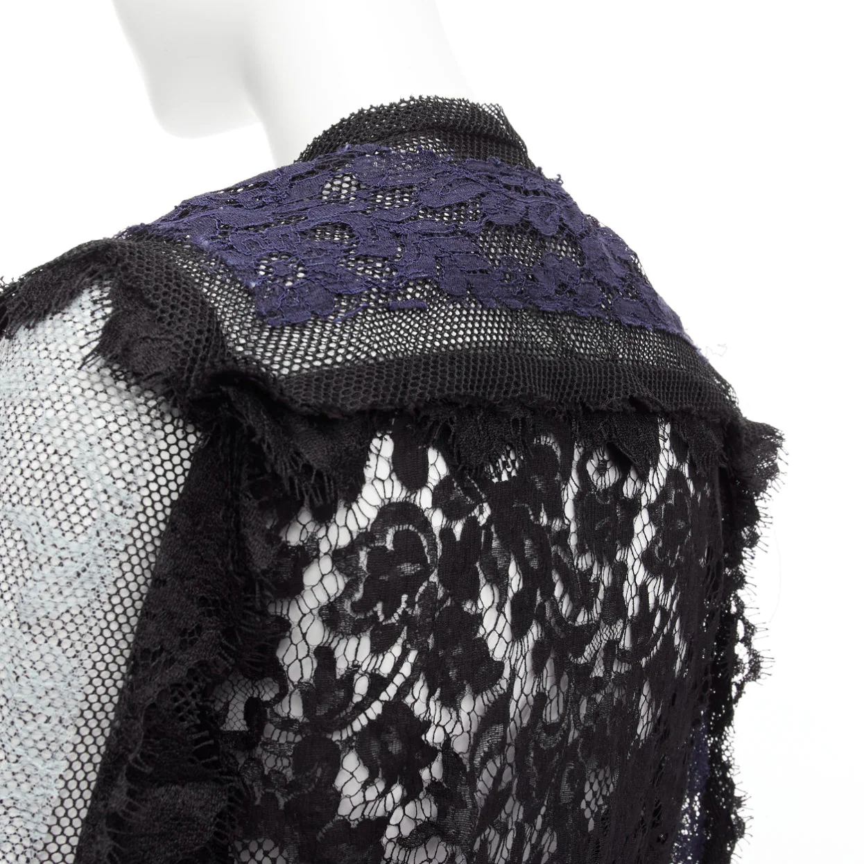 Women's LANVIN blue black intricate lace panels sheer long sleeve jacket FR34 XS - Image 7
