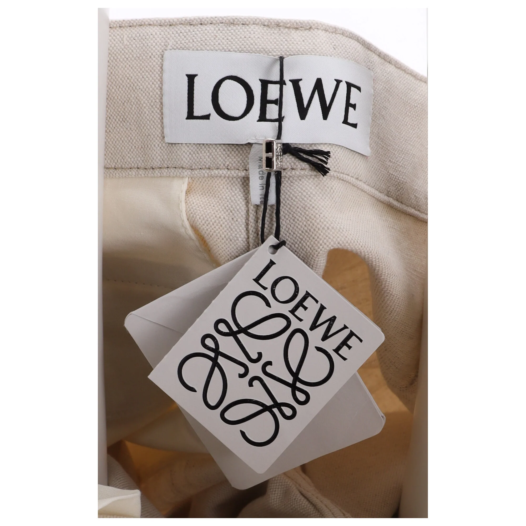 Women's Loewe Belt Hoop Detail Wide-Leg Trousers in Beige Cotton - Image 9