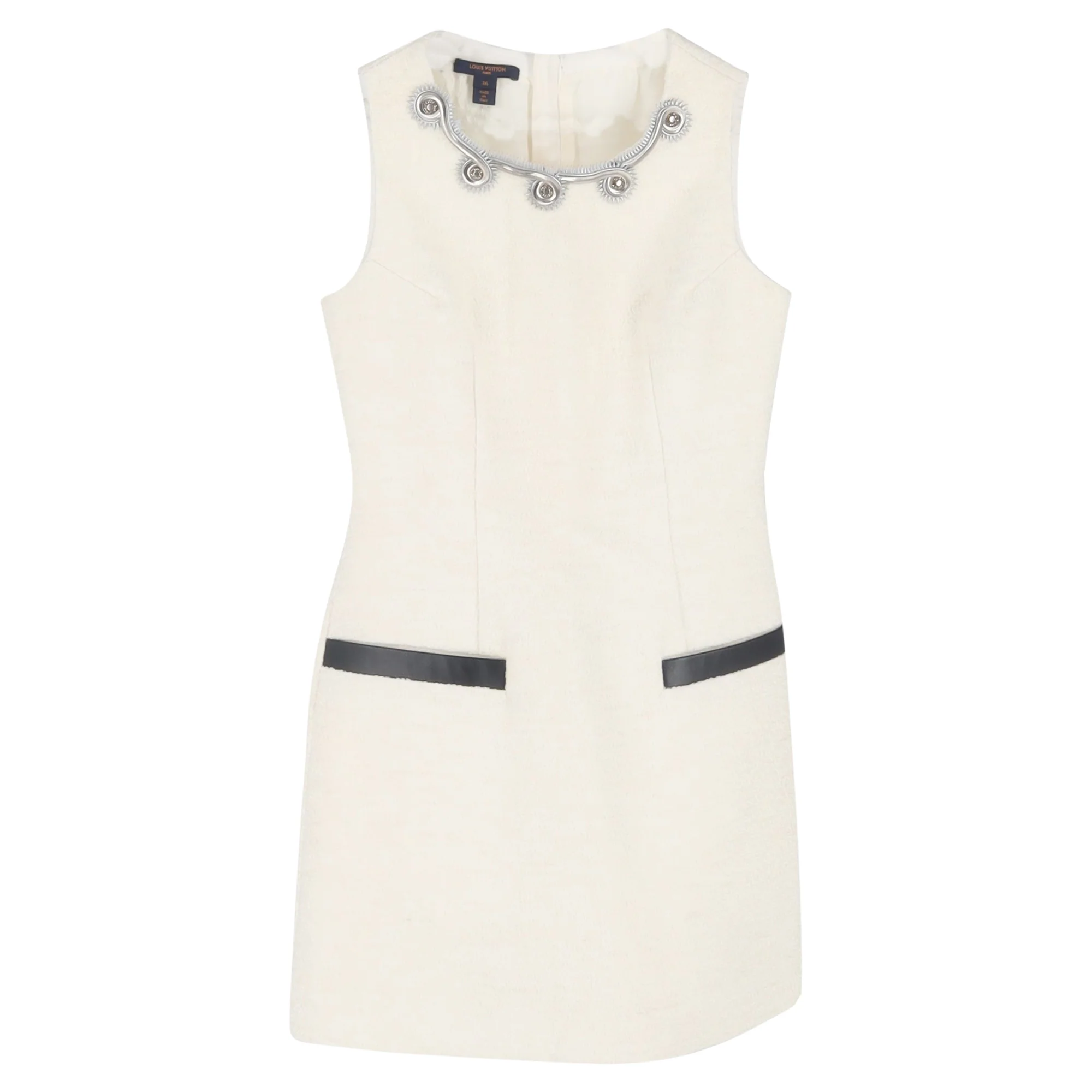 Women's Louis Vuitton Beaded Spiked Chain Embellished Mini Dress in White Cotton